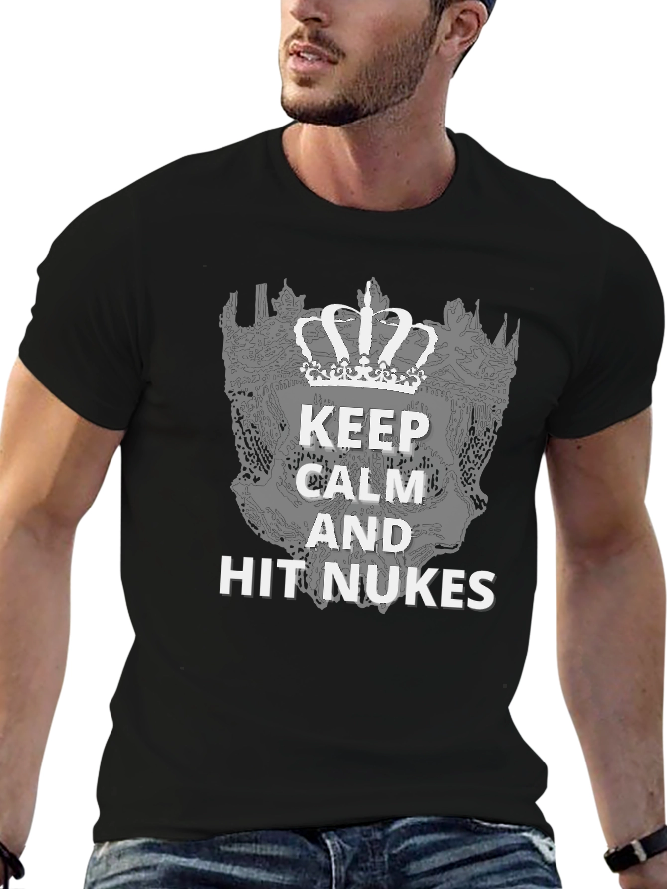 Black Keep Calm & Hit Nukes T-Shirt - Funny Graphic Tee view 6