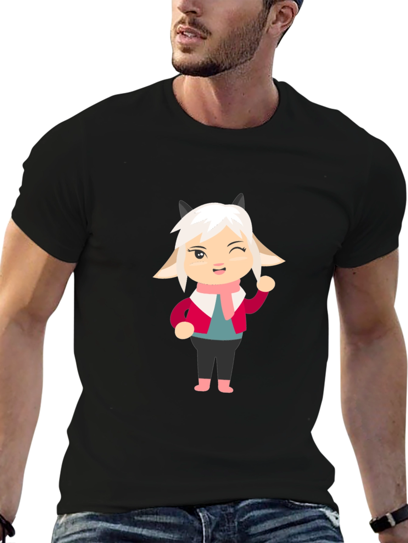 Black Cartoon Goat Tee: Fun Black T-Shirt view 6