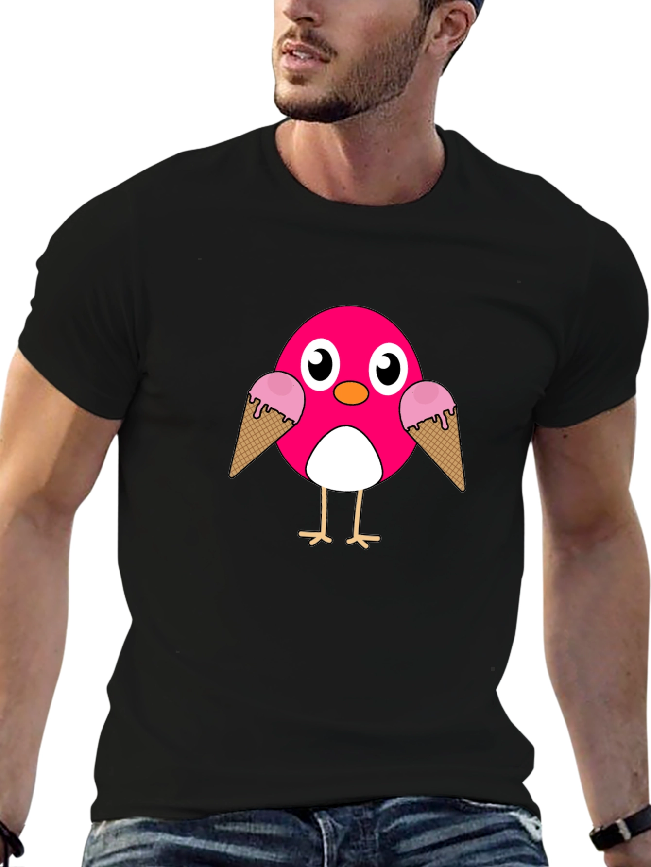 Black Cute Pink Bird with Ice Cream T-Shirt view 6
