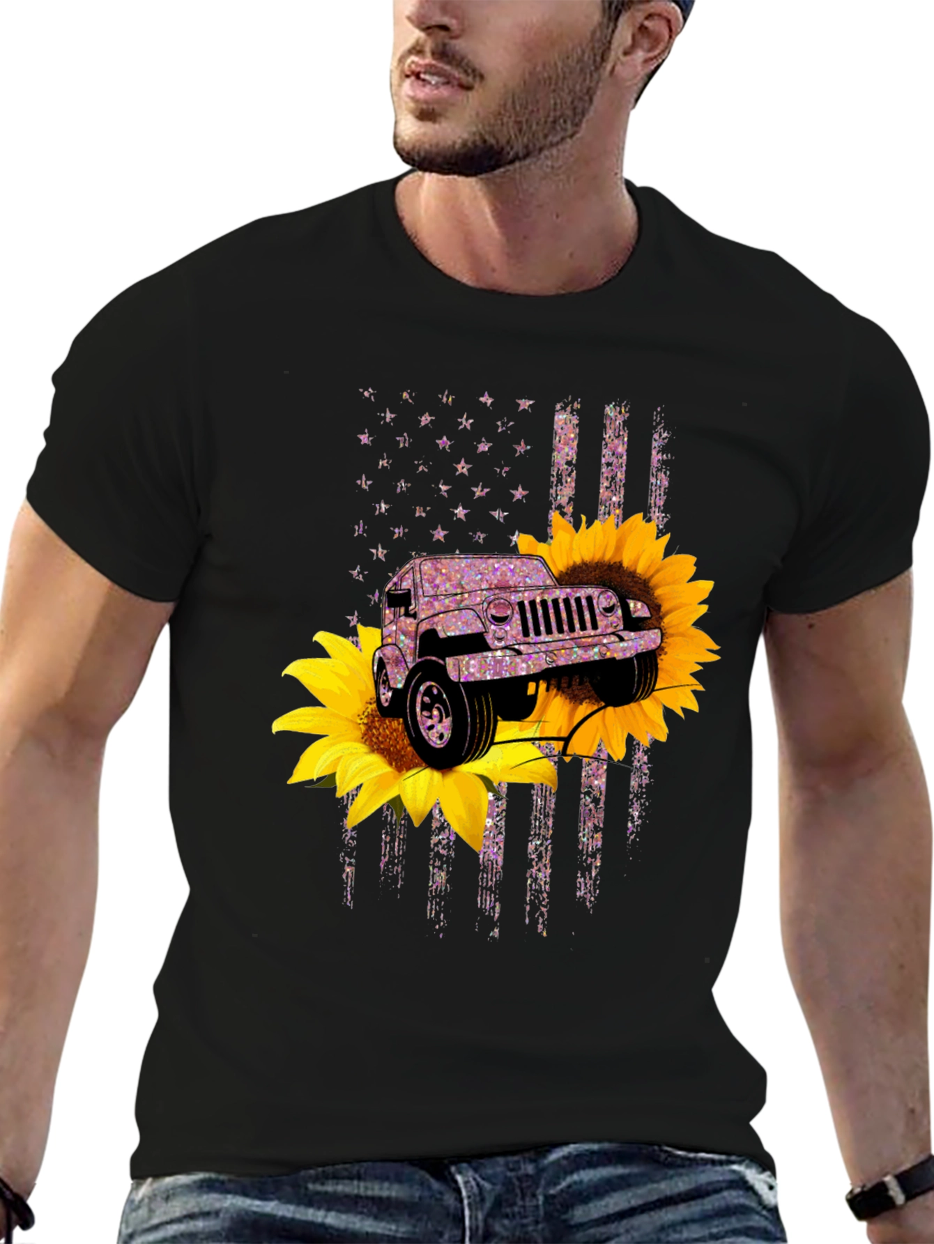 Black Sunflower Jeep T-Shirt - Patriotic Flag Design view 6