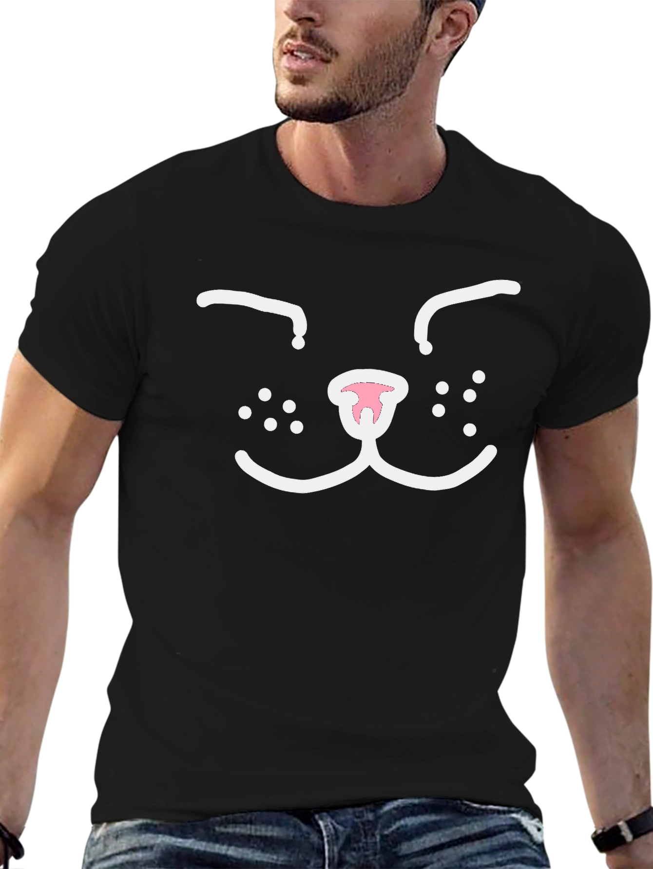 Black Cute Cat Face Graphic Tee - Black Cotton T-Shirt view 6