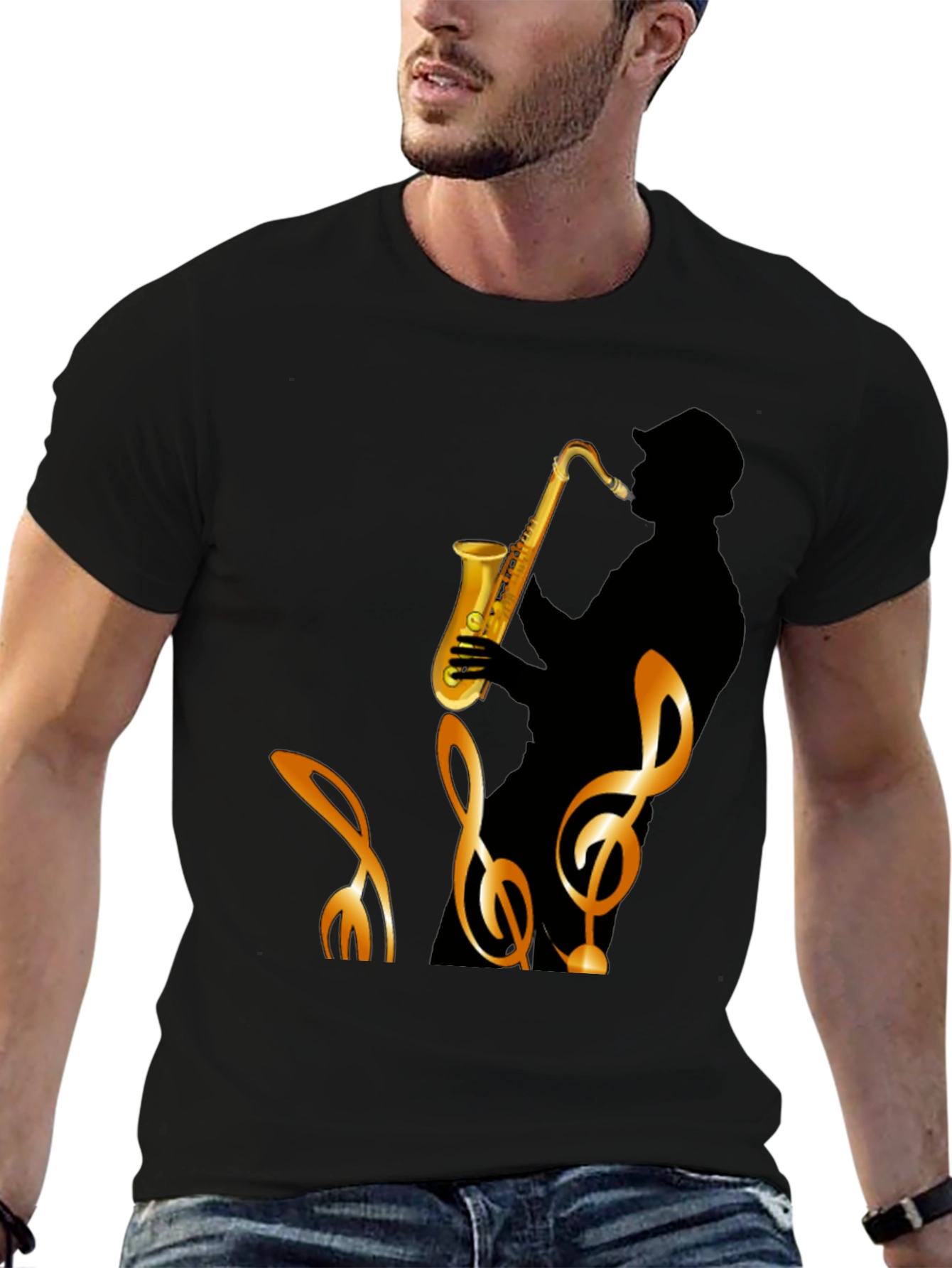 Black Cool Saxophone Graphic Black T-Shirt view 6