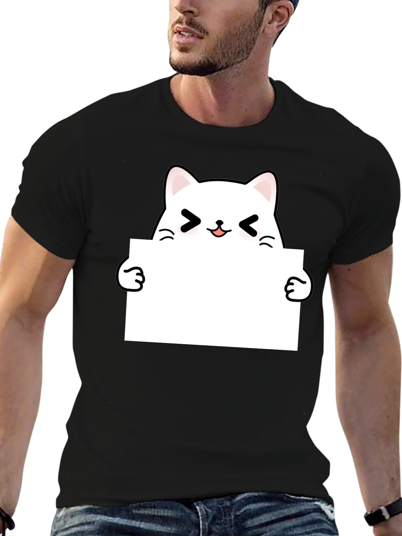 Black Cute Kawaii Cat Black T-Shirt view 6