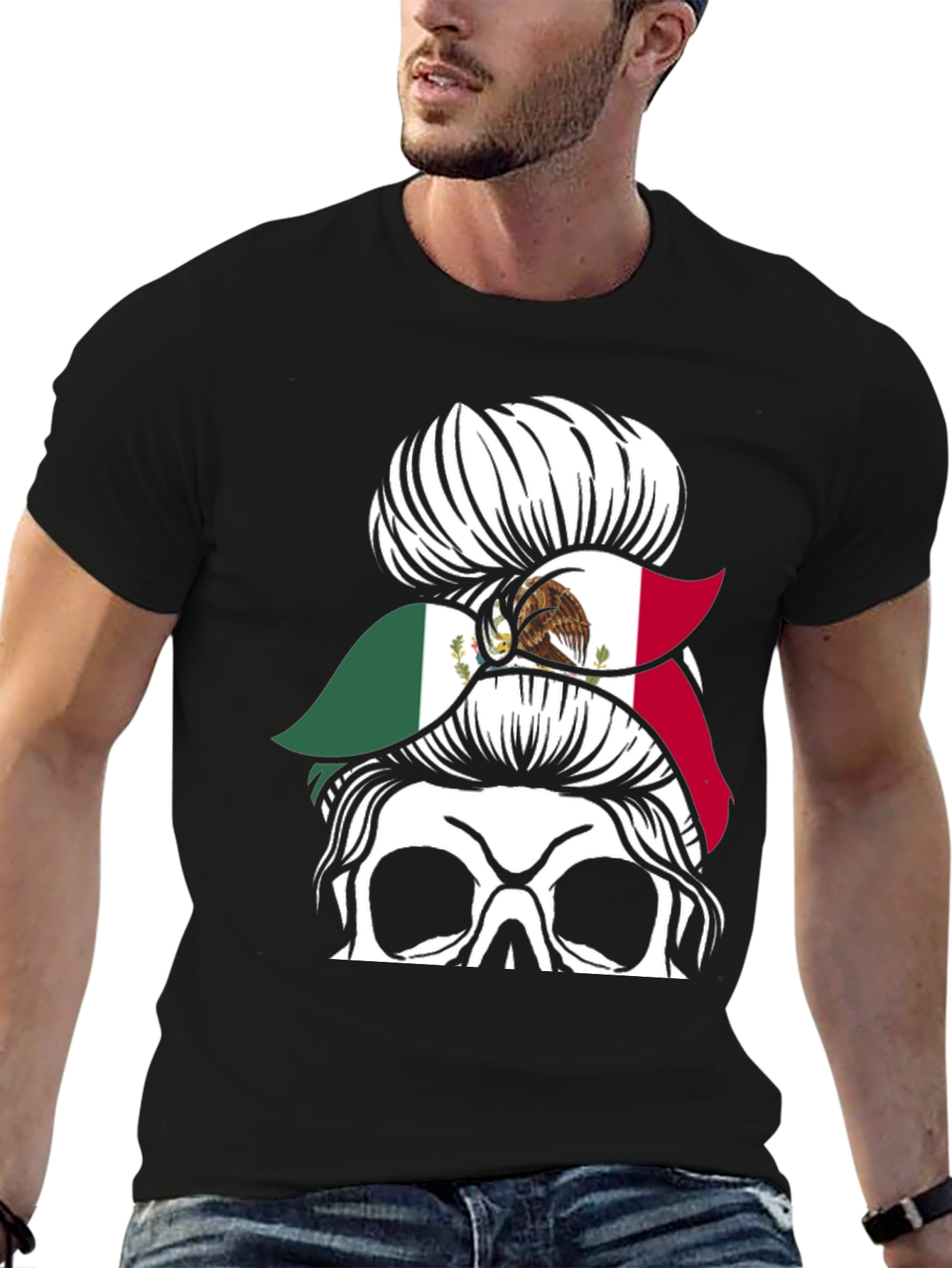 Mexican Flag Skull Messy Bun T-Shirt - 6
