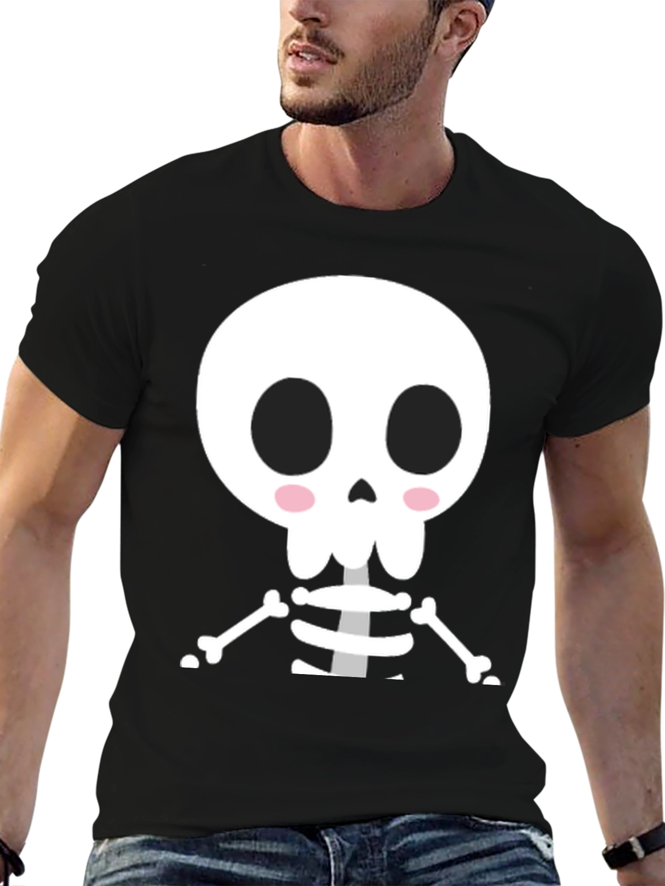 Black Cute Cartoon Skeleton Halloween T-Shirt view 6