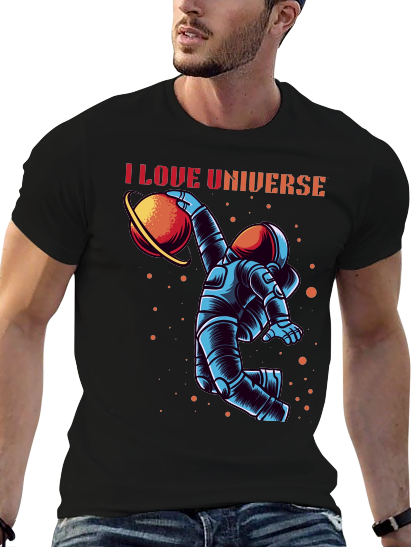 Black I Love Universe Astronaut Graphic T-Shirt view 6