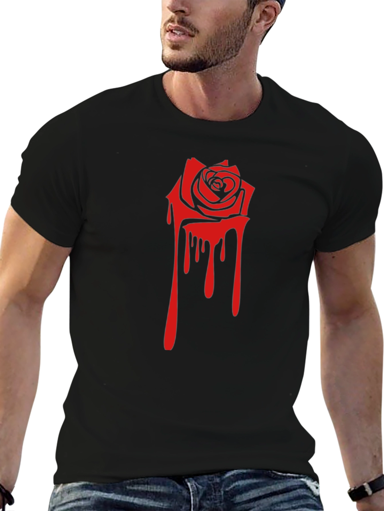 Black Black Tee with Red Dripping Rose Graphic view 6