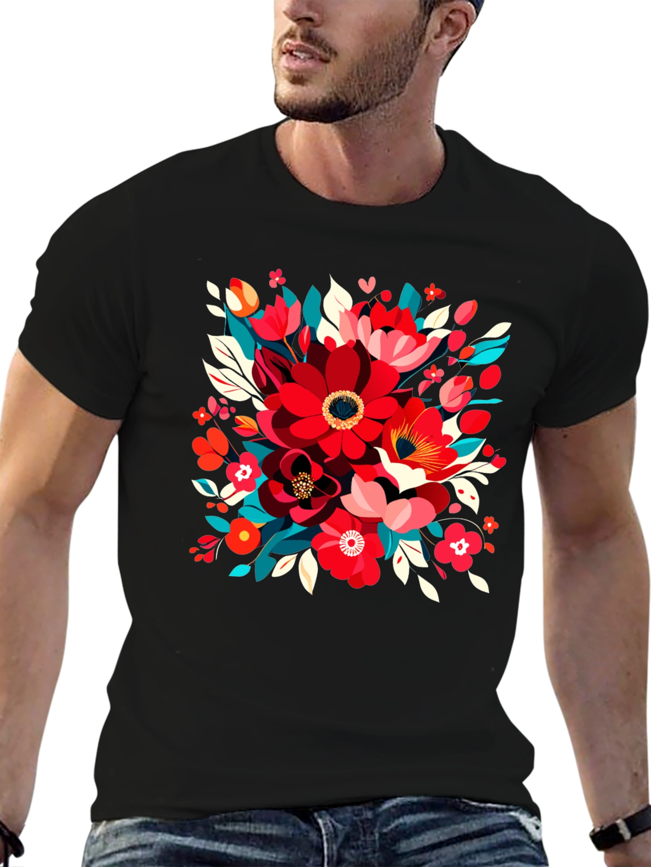 Black Floral Design Black T-Shirt view 6