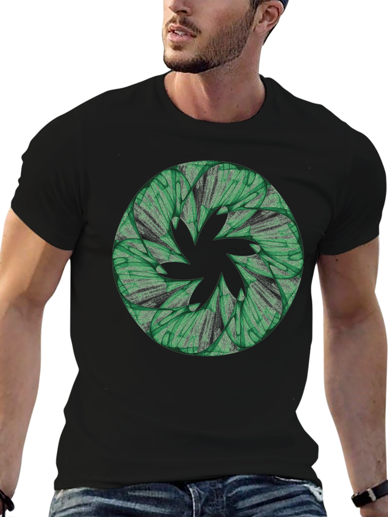 Black Abstract Green Floral Pattern Black T-Shirt view 6
