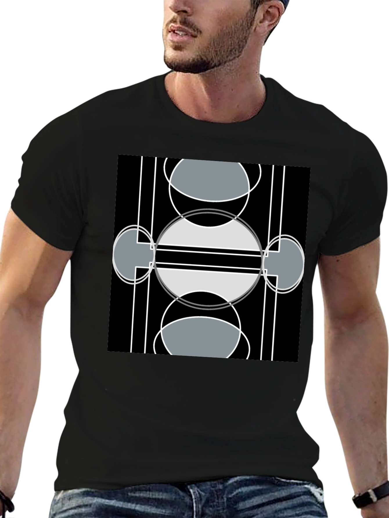 Black Modern Geometric Design Black T-Shirt view 6