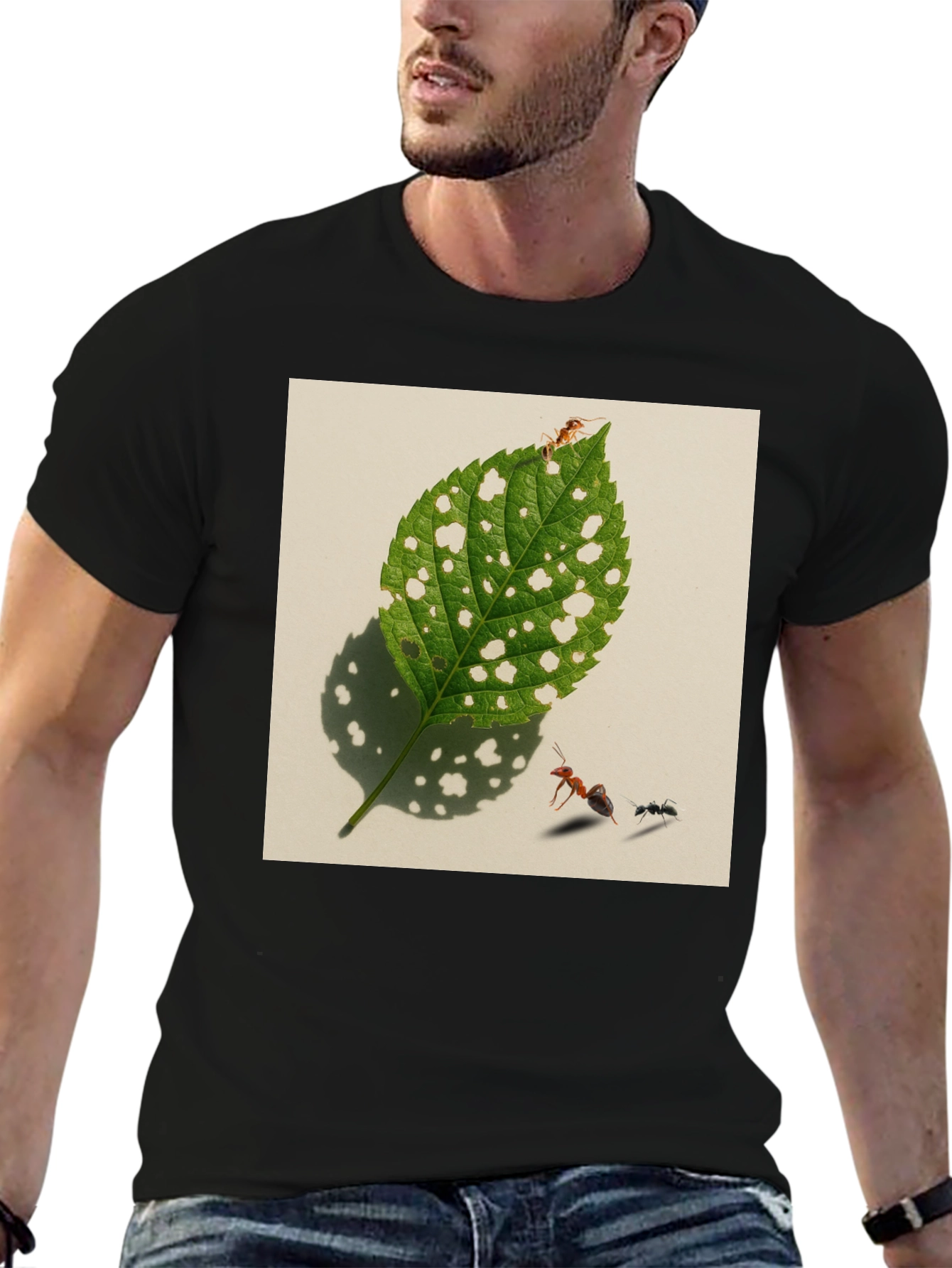 Black Ants & Leaf Graphic Tee - Unique Nature Shirt view 6