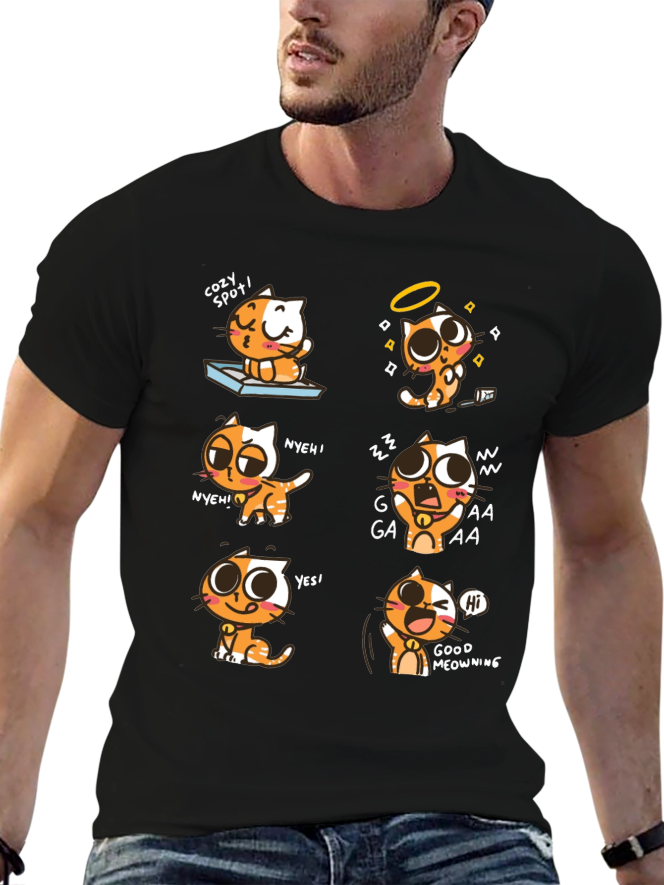 Black Cartoon Cat Graphic Tee -  Playful Comfort view 6