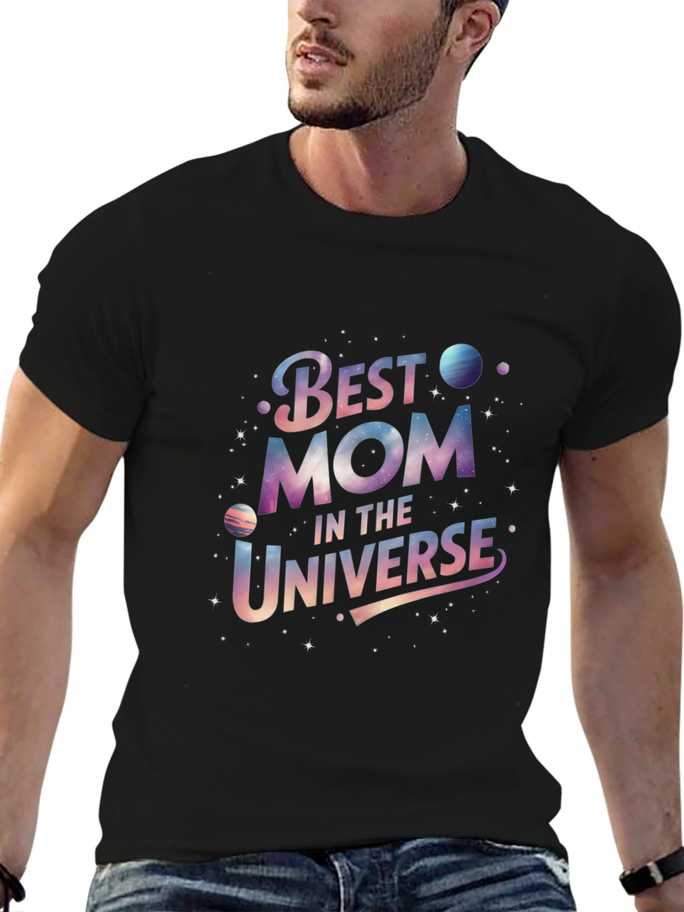 Black Best Mom in the Universe Black Graphic T-Shirt view 6