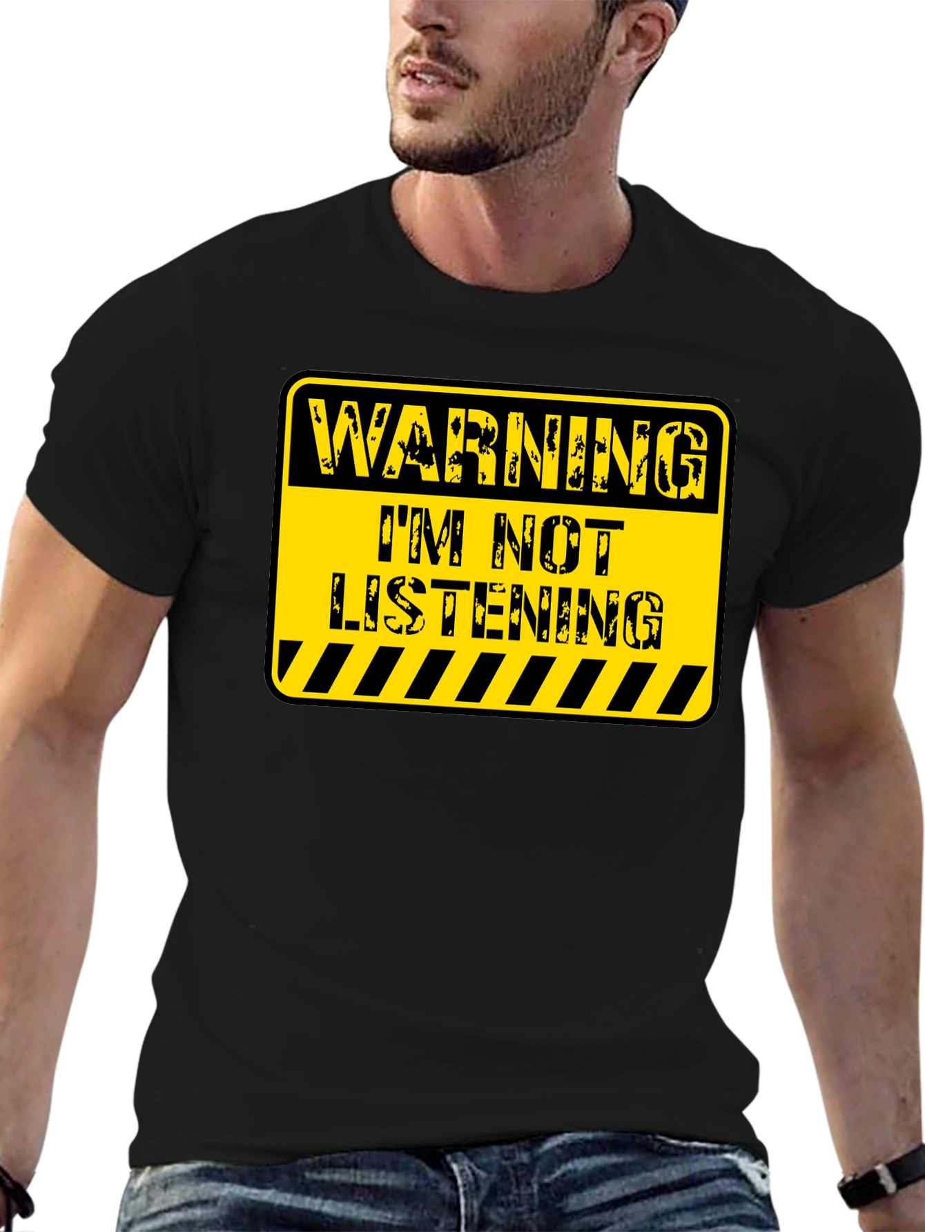 Black Warning: I'm Not Listening! Novelty T-Shirt view 6