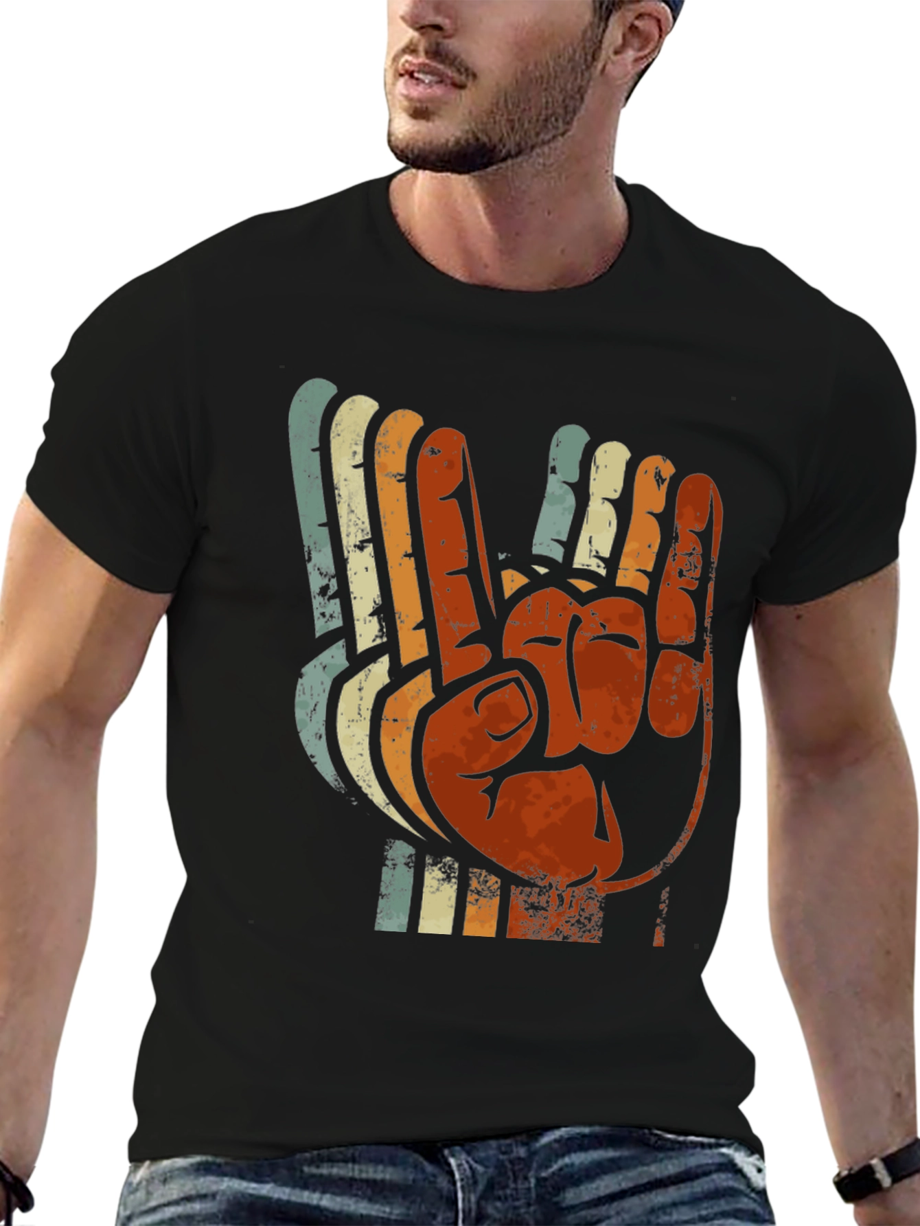 Black Vintage Retro Hand Gesture Graphic T-Shirt view 6