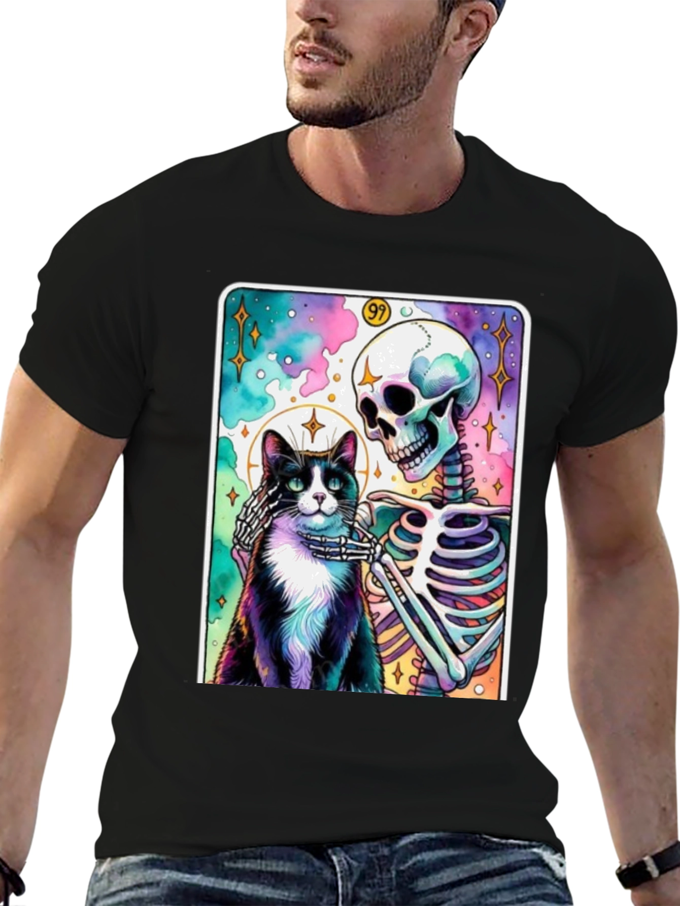 Black Cat & Skeleton Graphic Tee - Unique Design view 6