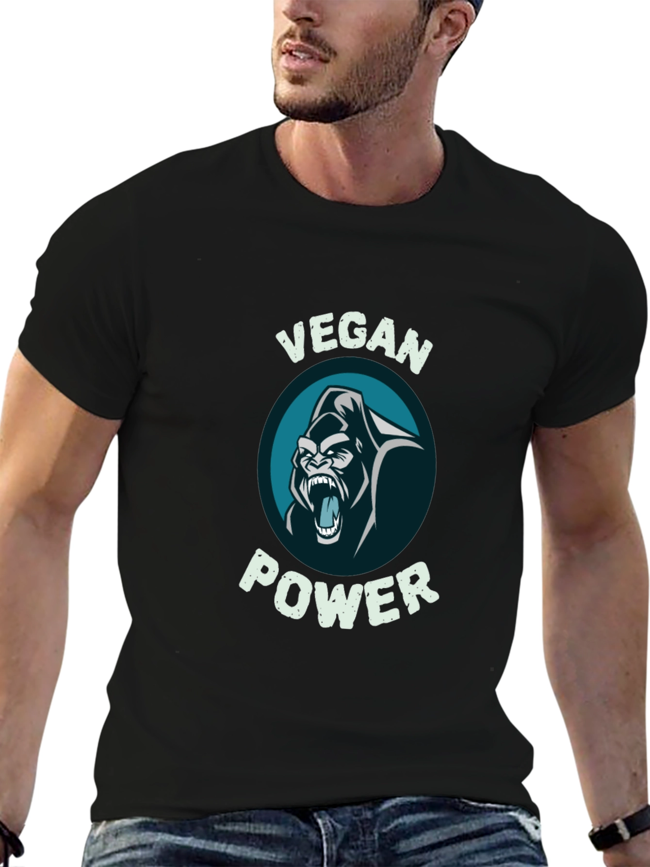 Black Vegan Power Gorilla Graphic T-Shirt view 6