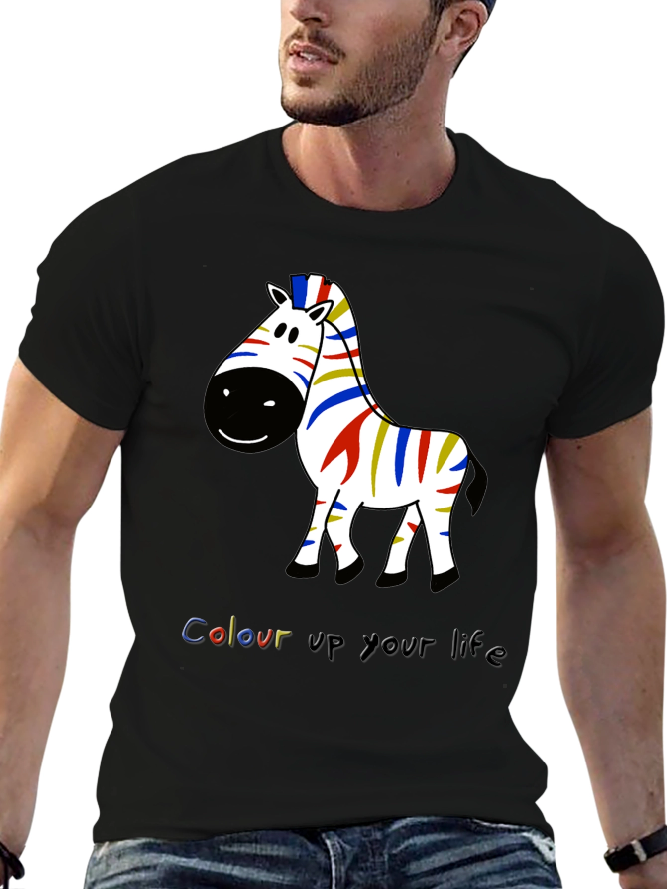 Black Colorful Zebra Graphic Tee - Men's Black T-Shirt view 6