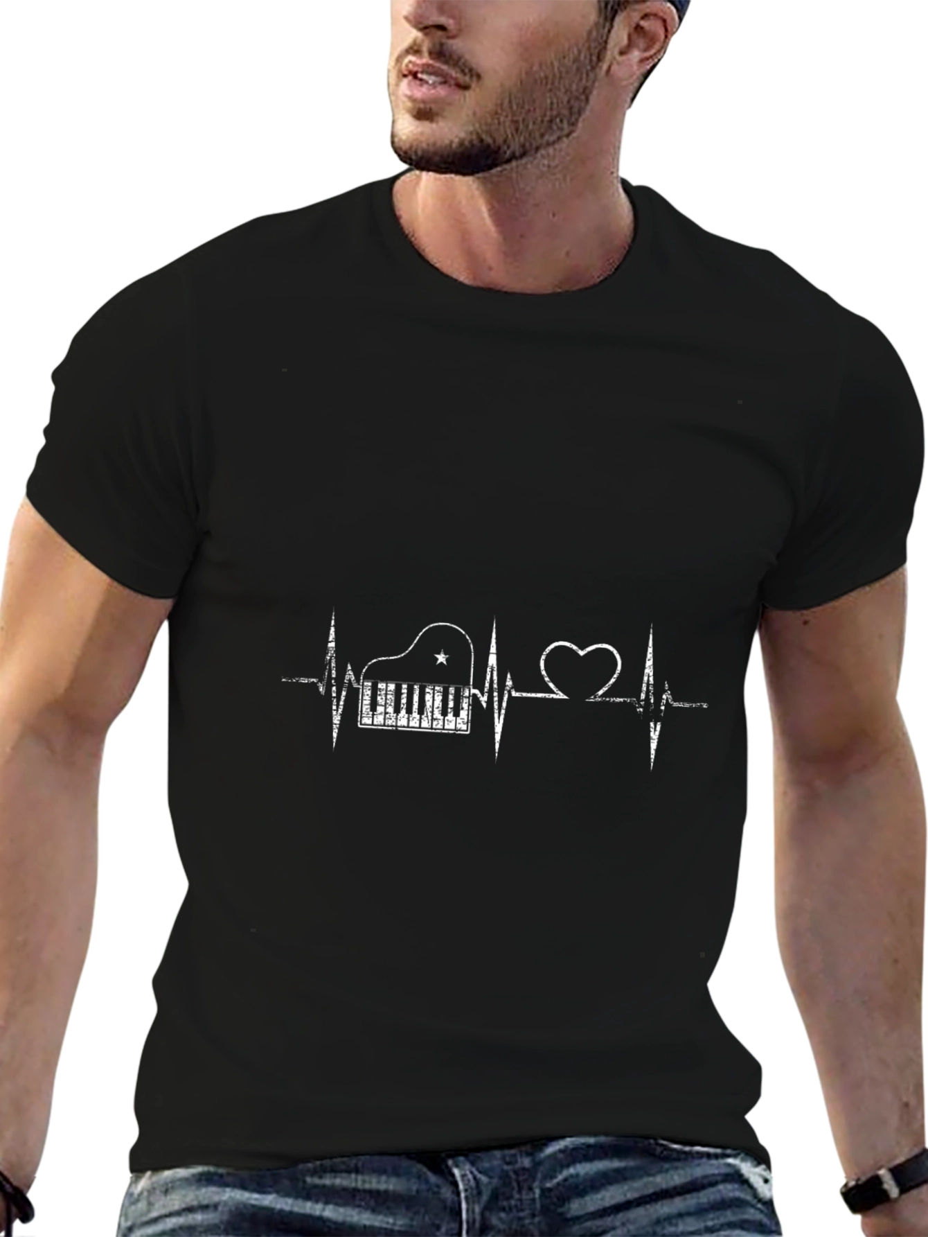 Black Piano Heartbeat Men's Black T-Shirt view 6
