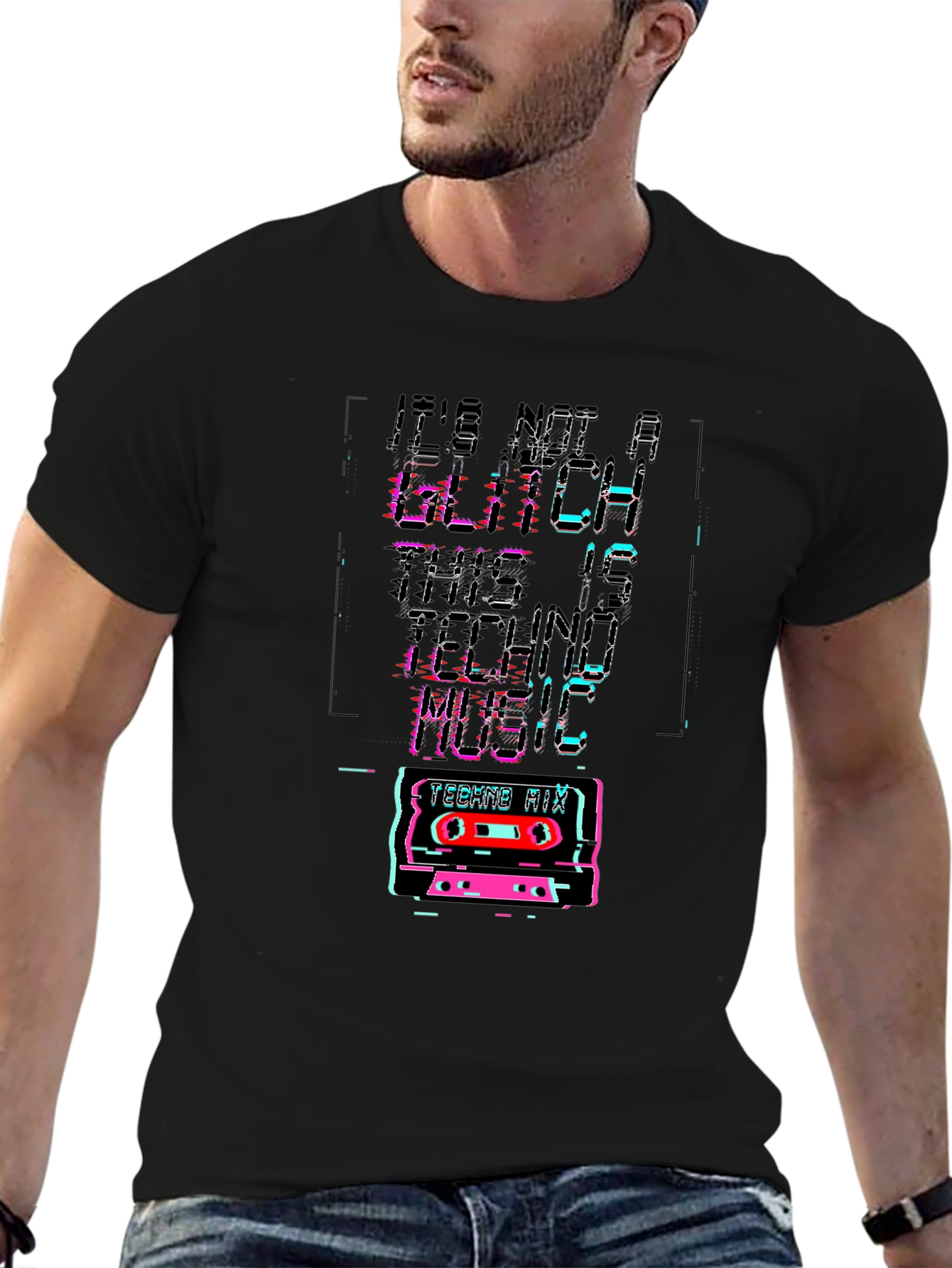 Black Retro Techno Music Glitch T-Shirt view 6