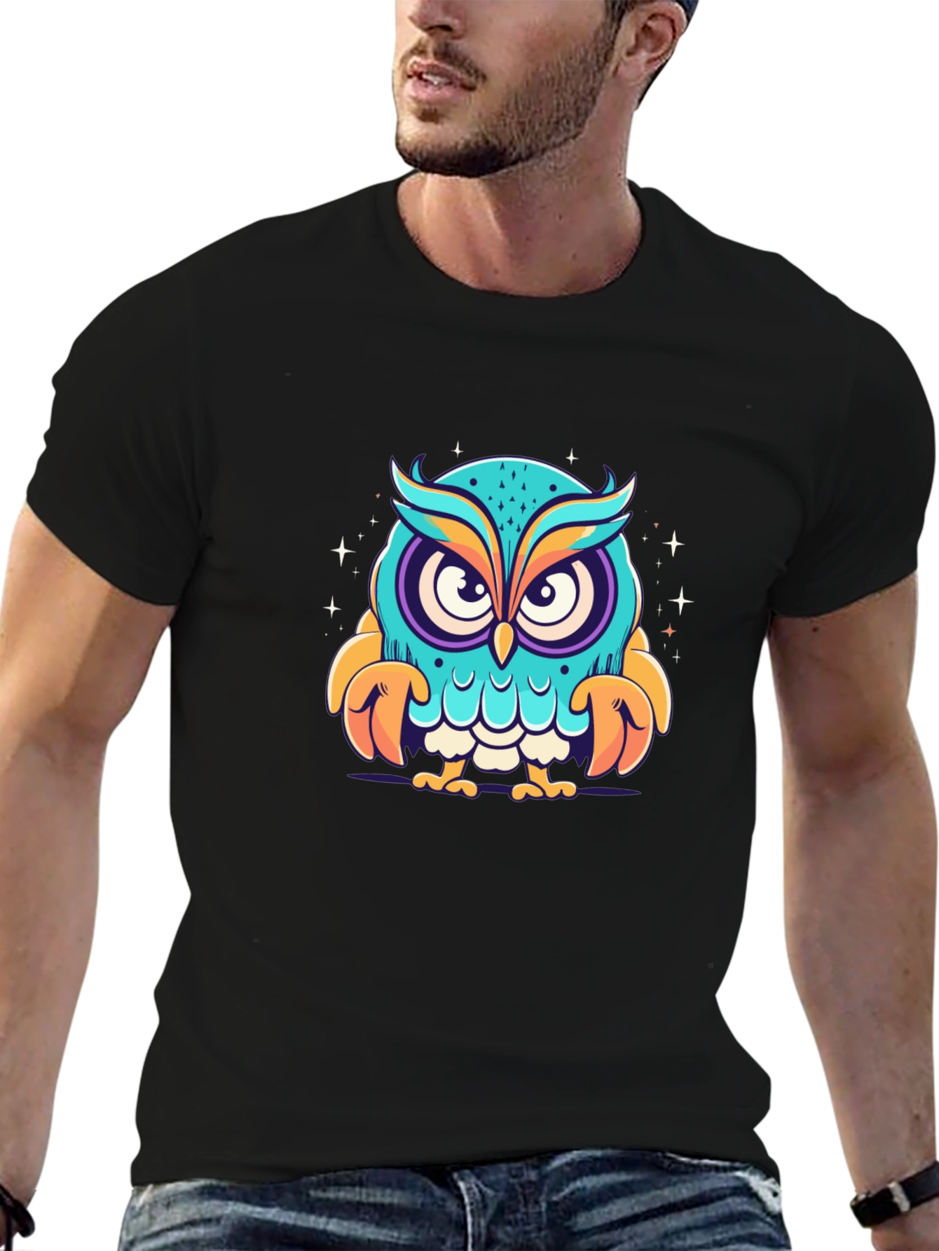 Black Cartoon Owl Graphic Black T-Shirt view 6