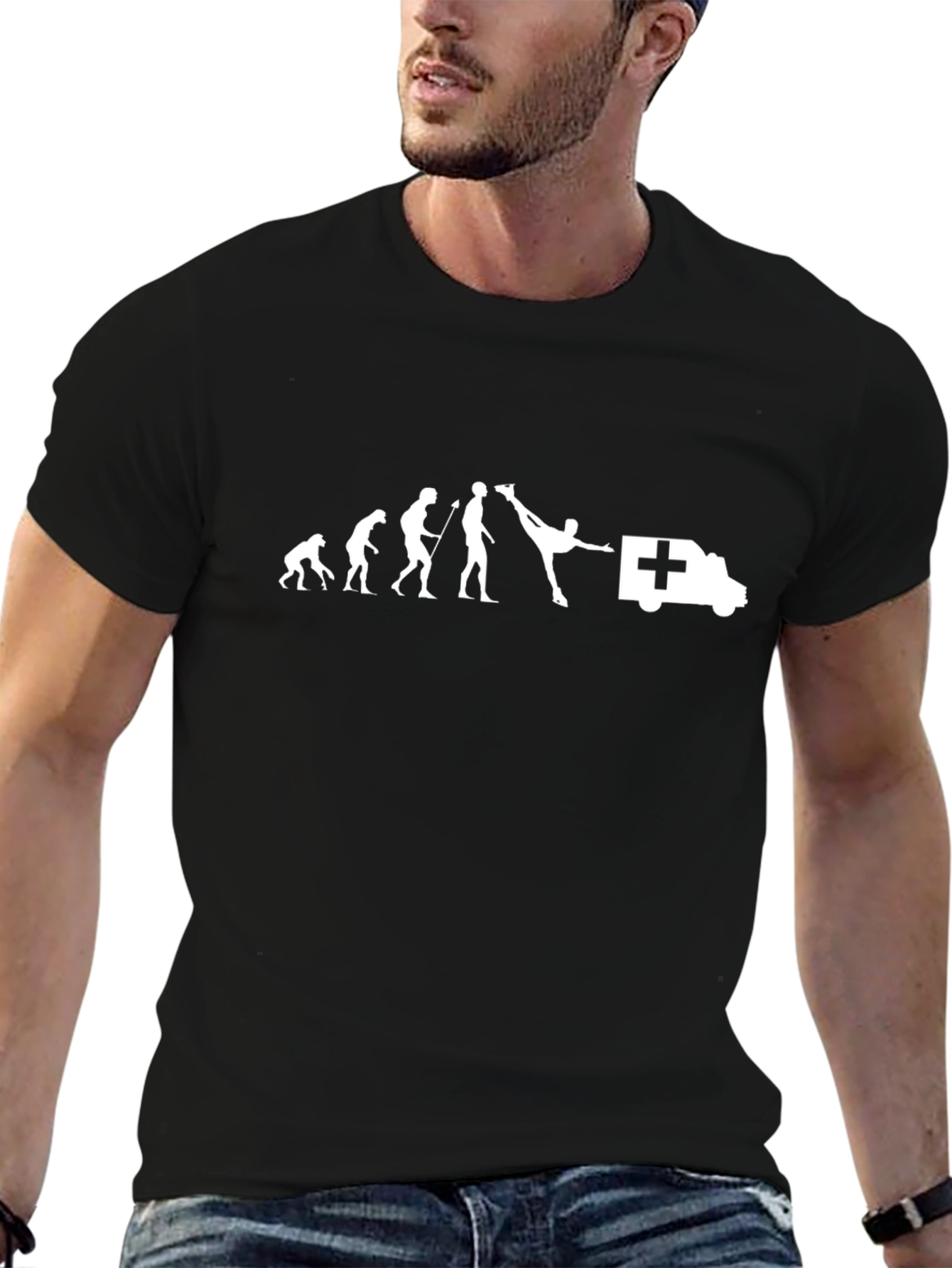 Black Evolution of Kicking Ambulance Funny T-Shirt view 6