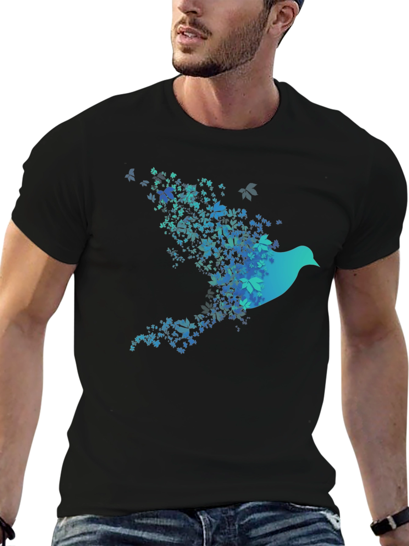 Black Bird of Leaves Graphic T-Shirt view 6