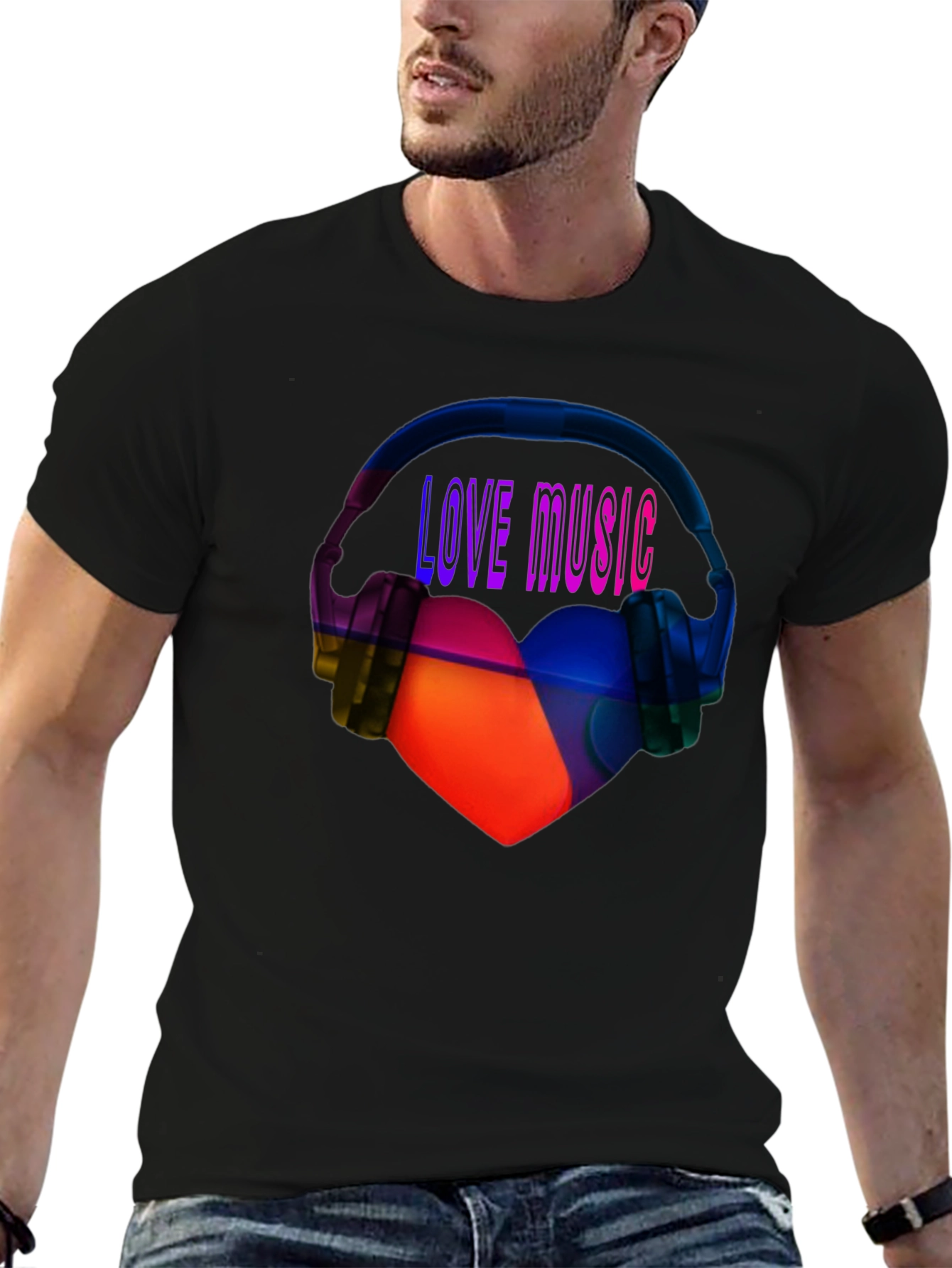 Black Love Music Graphic Tee - Heart & Headphones T-Shirt view 6