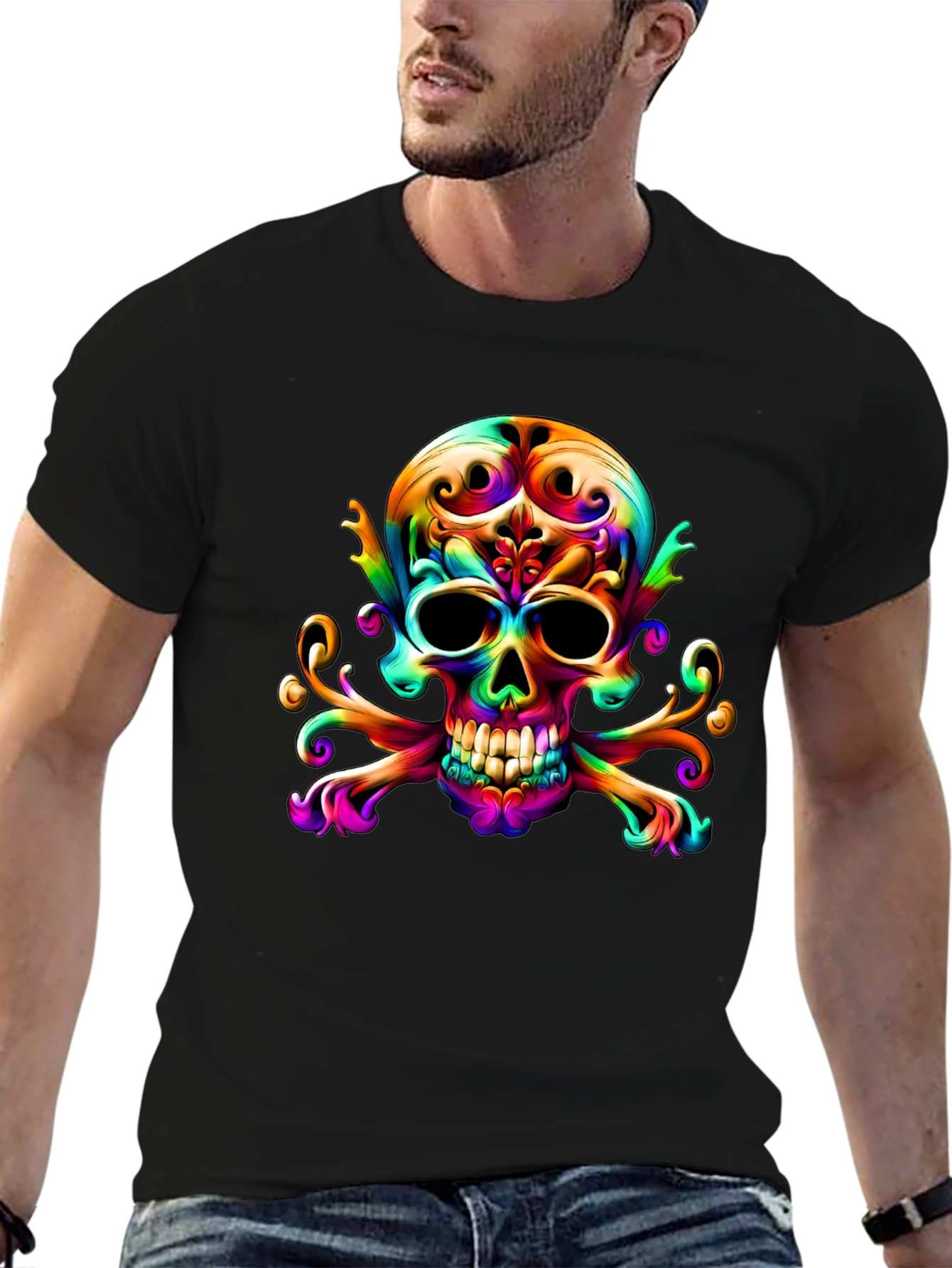 Black Colorful Skull & Crossbones Graphic Tee view 6