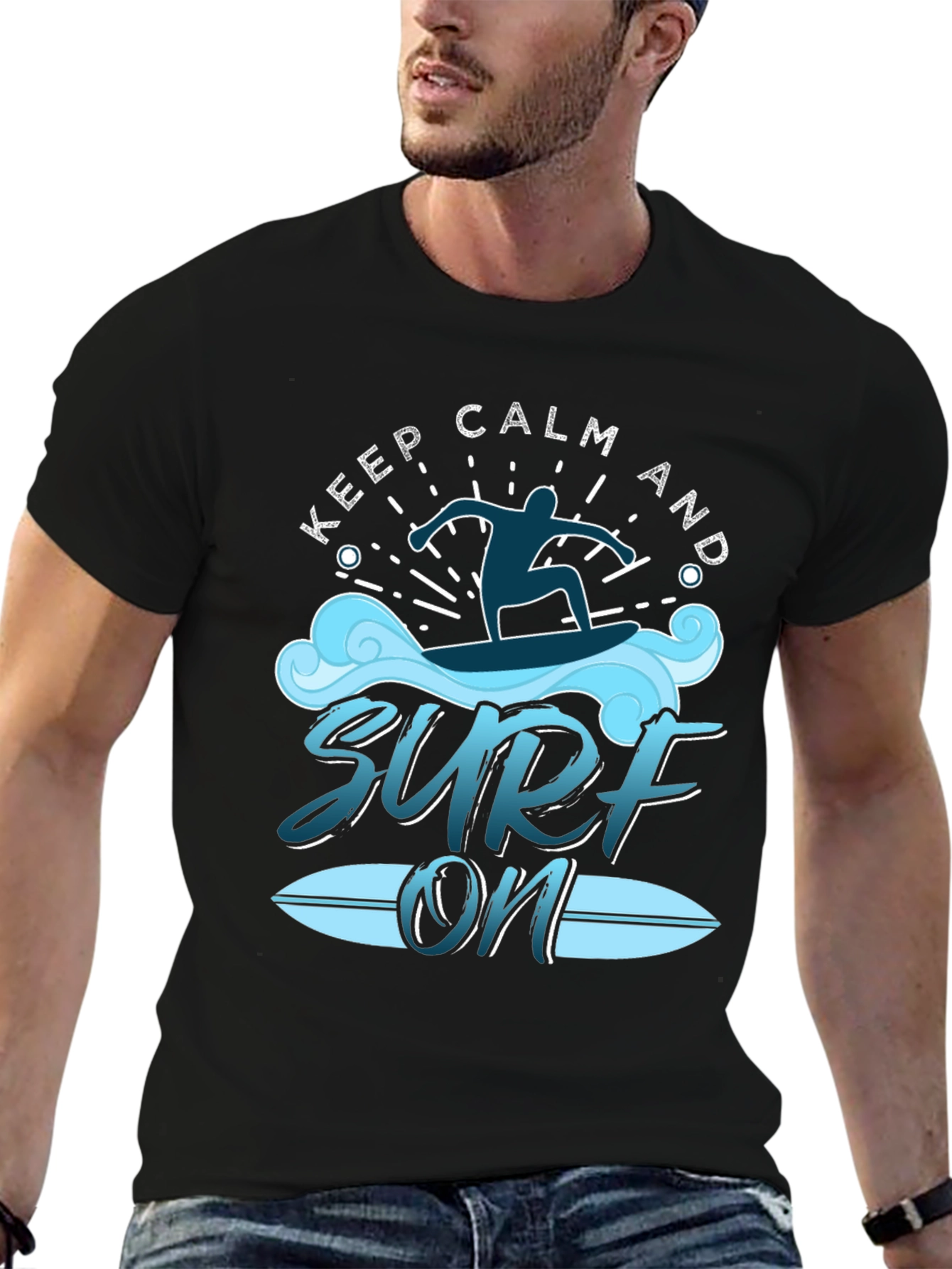 Black Keep Calm and Surf On Black T-Shirt view 6