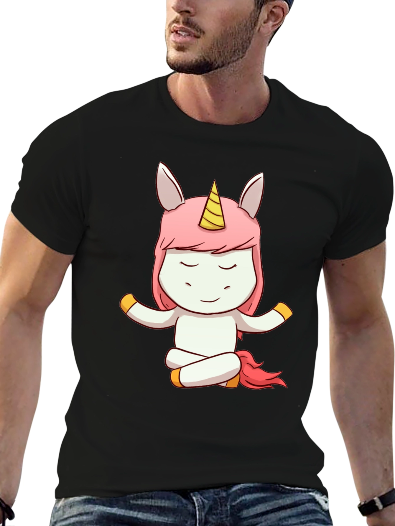 Black Meditating Unicorn Graphic Tee - Men's Black T-Shirt view 6