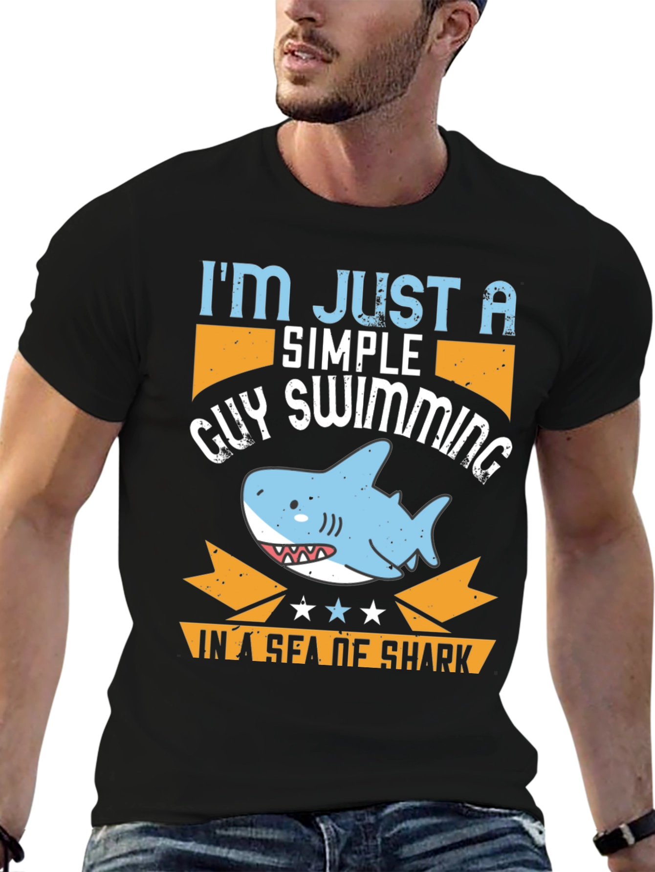 Black Simple Guy Swimming Shark T-Shirt view 6
