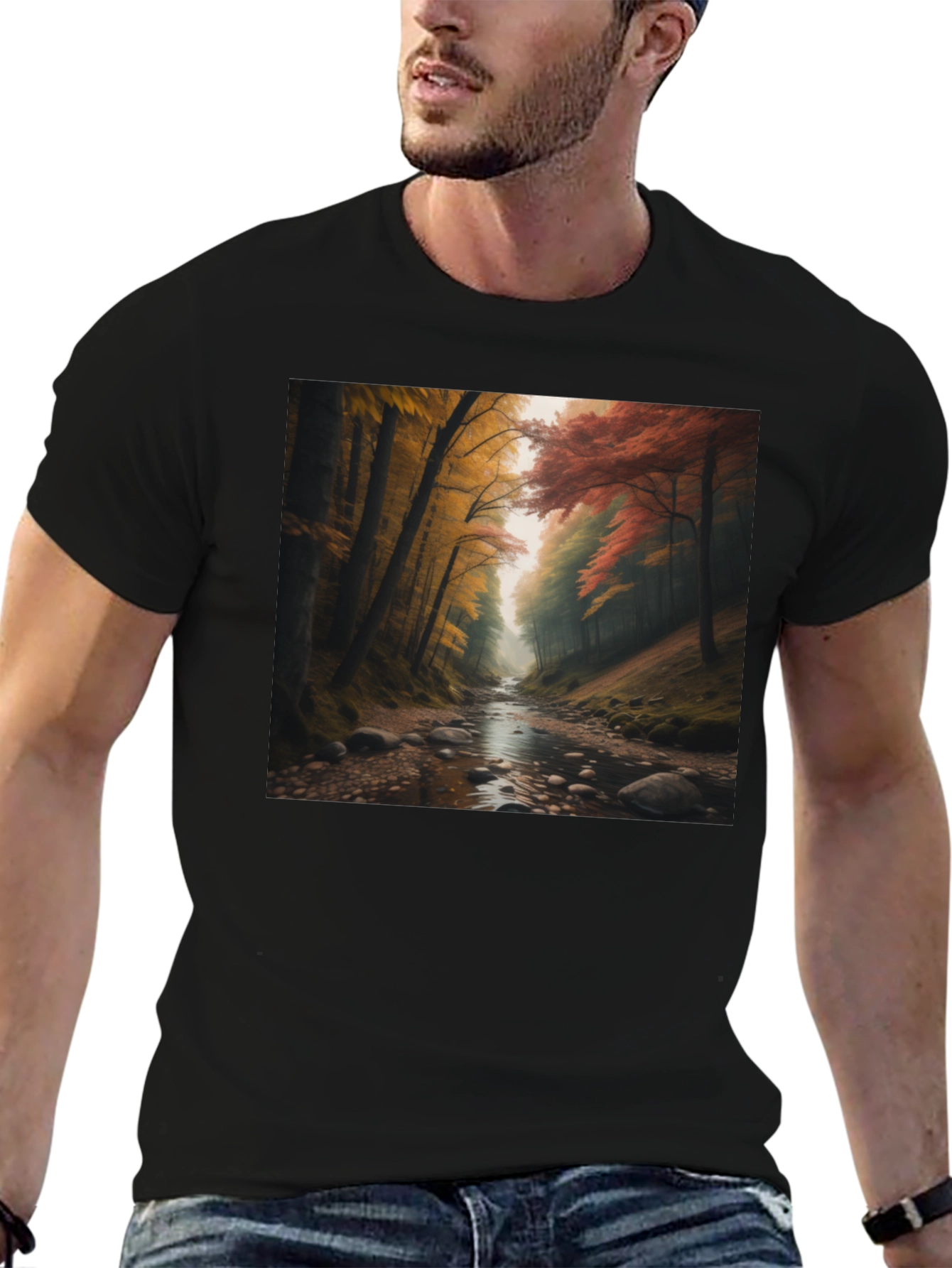 Black Autumn Forest River Graphic Tee view 6