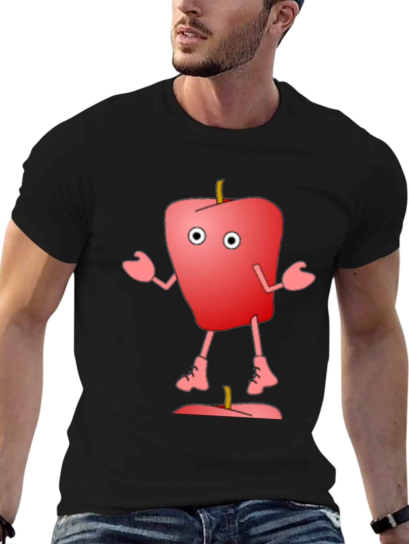 Black Cartoon Apple Graphic T-Shirt - Funny Fruit Tee view 6