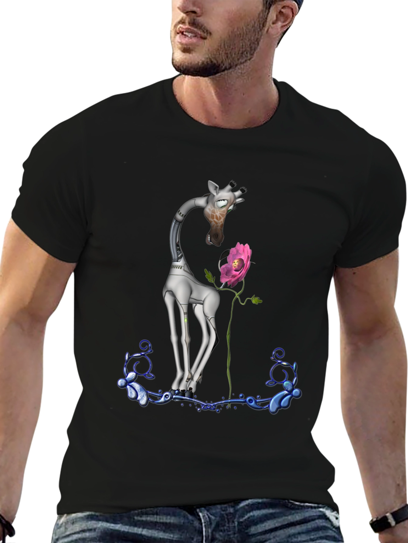 Black Robotic Giraffe & Flower Graphic Tee - Quirky Black T-Shirt view 6