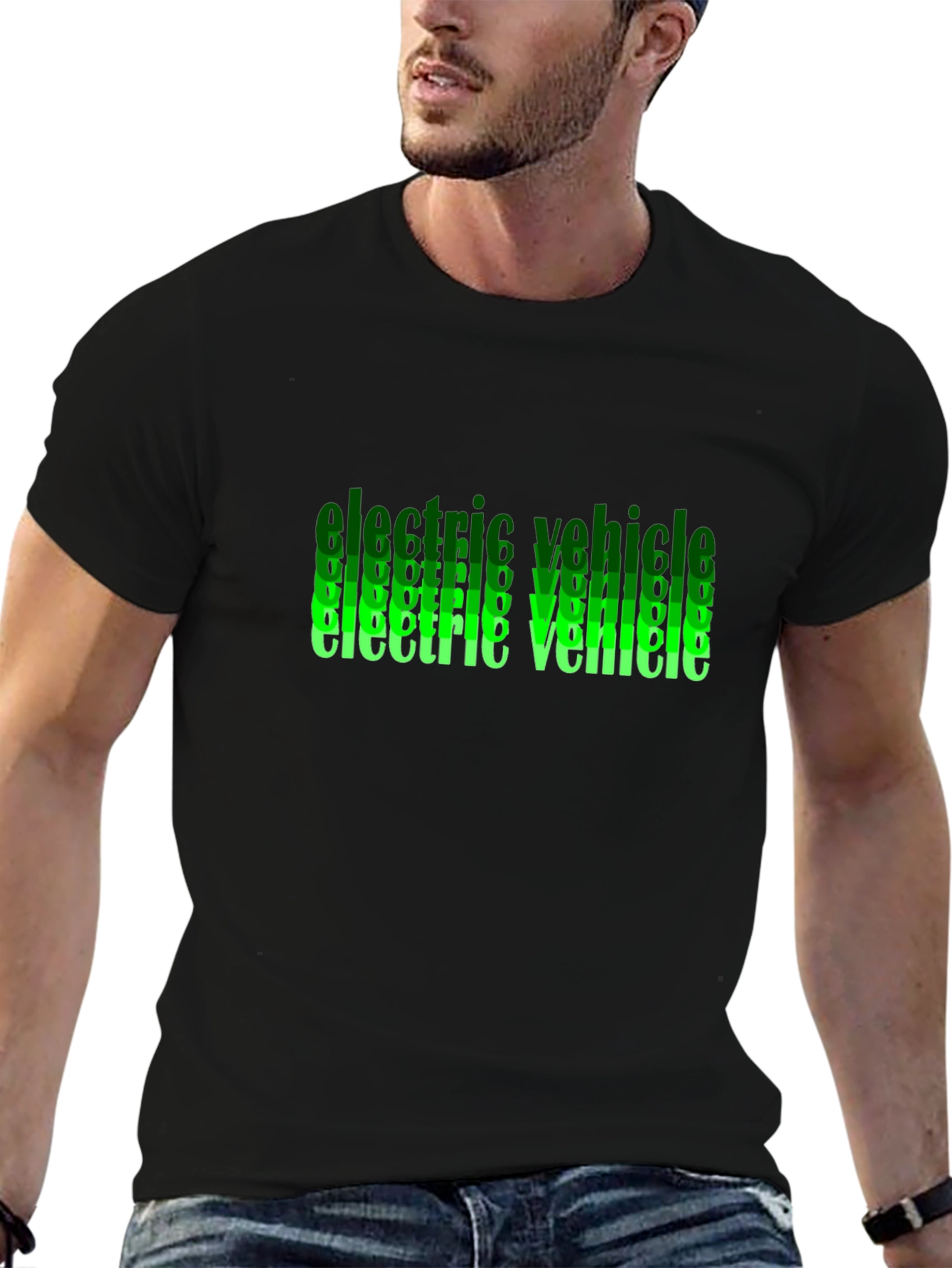 Black Electric Vehicle Green Text Black T-Shirt view 6