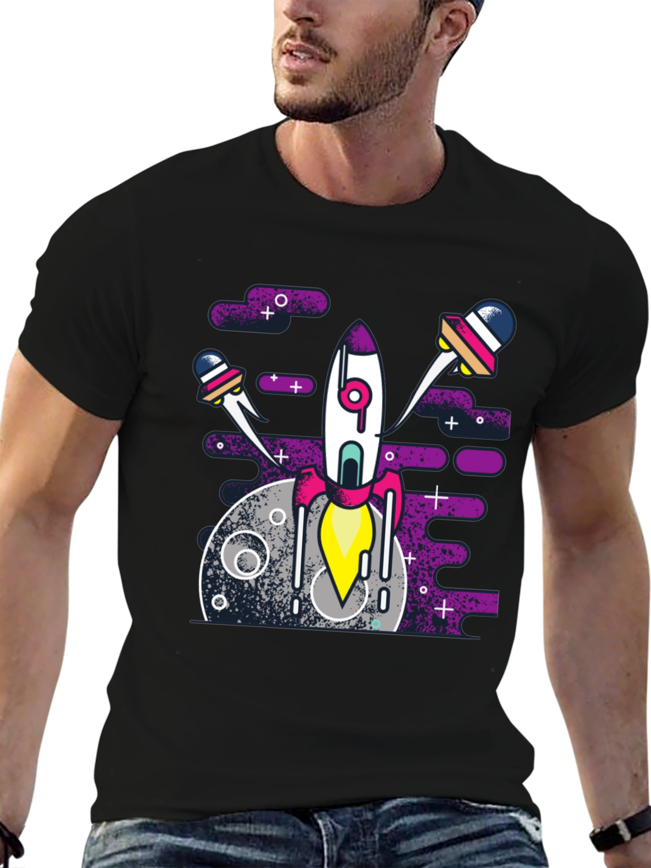 Black Space Rocket Graphic Tee - Black Cotton Blend Shirt view 6