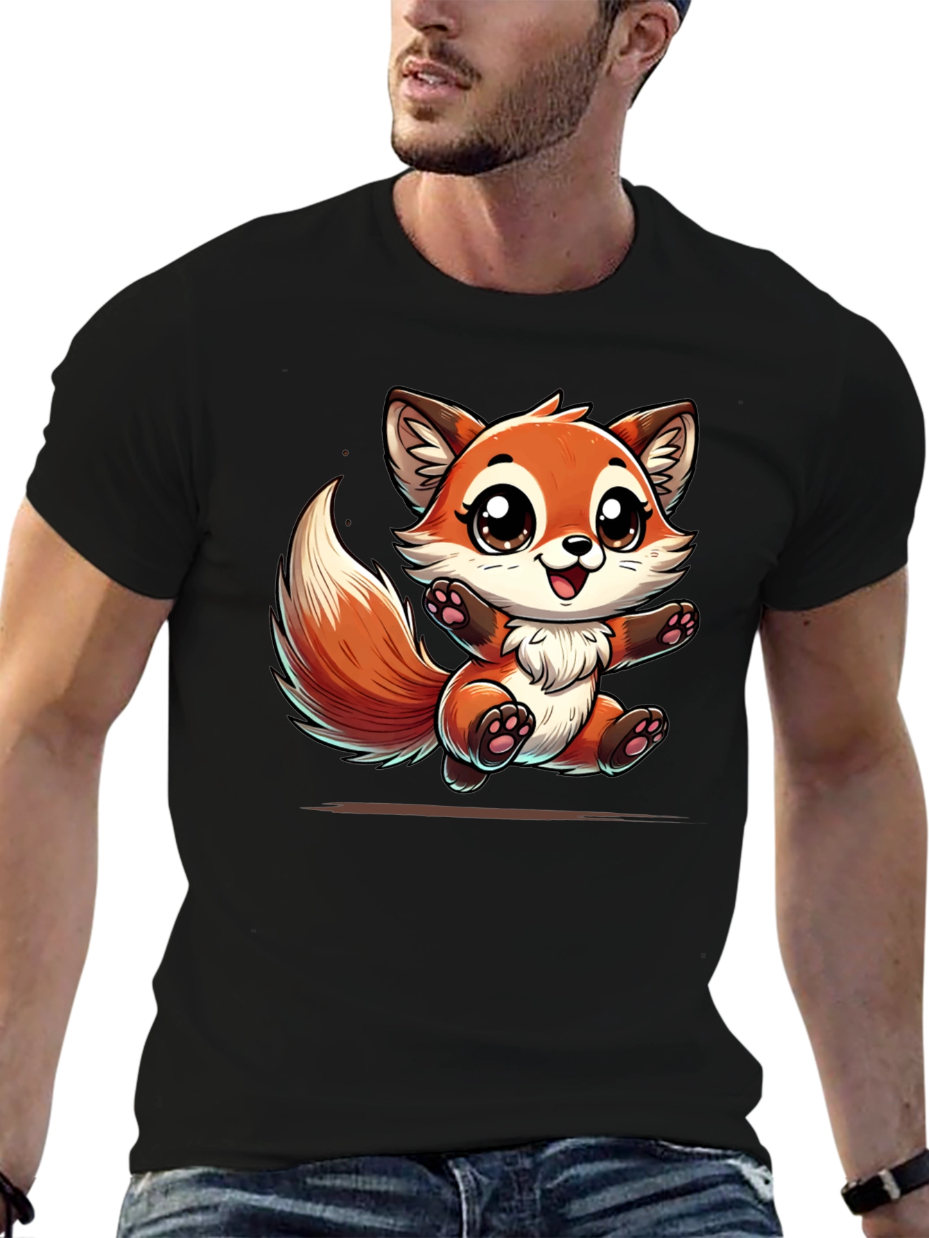 Black Cute Fox Graphic Tee - Black Cotton T-Shirt view 6