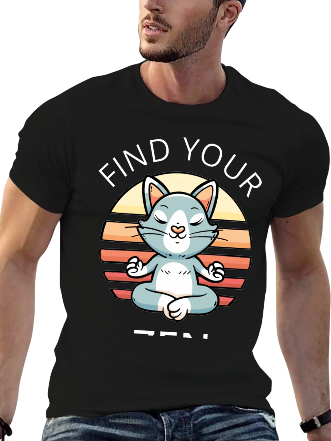 Black Find Your Zen Cat T-Shirt - Meditating Feline view 6