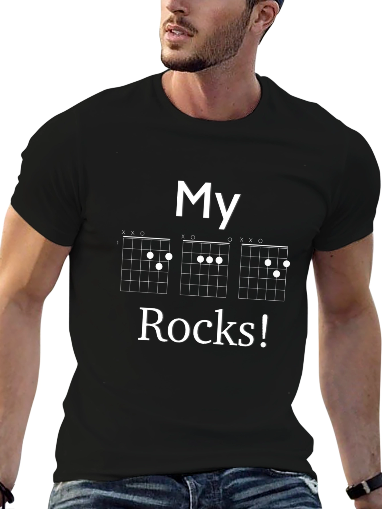 Black Guitar Chord T-Shirt - "My Chords Rock!" Black Tee view 6