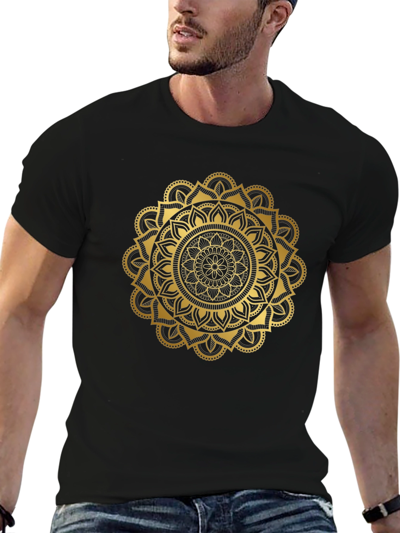 Black Golden Mandala Graphic Black T-Shirt view 6