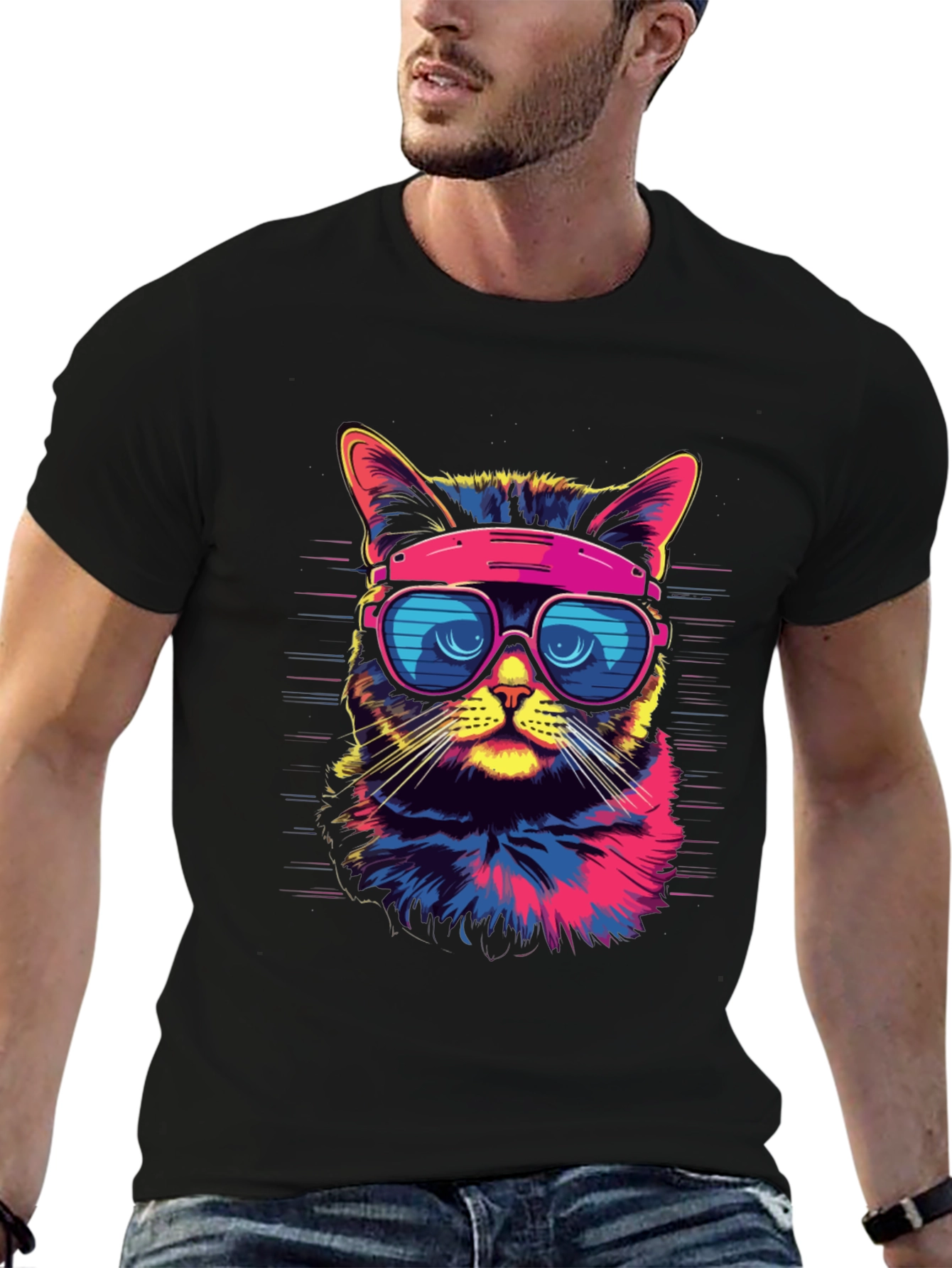 Black Cool Cat T-Shirt - Retro Sunglasses Graphic Tee view 6