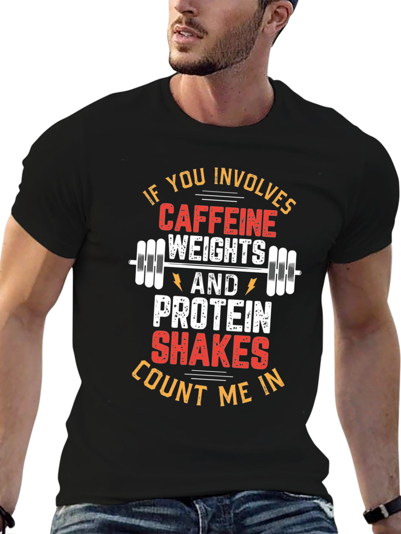 Black Fitness Caffeine Weights Protein T-Shirt view 6