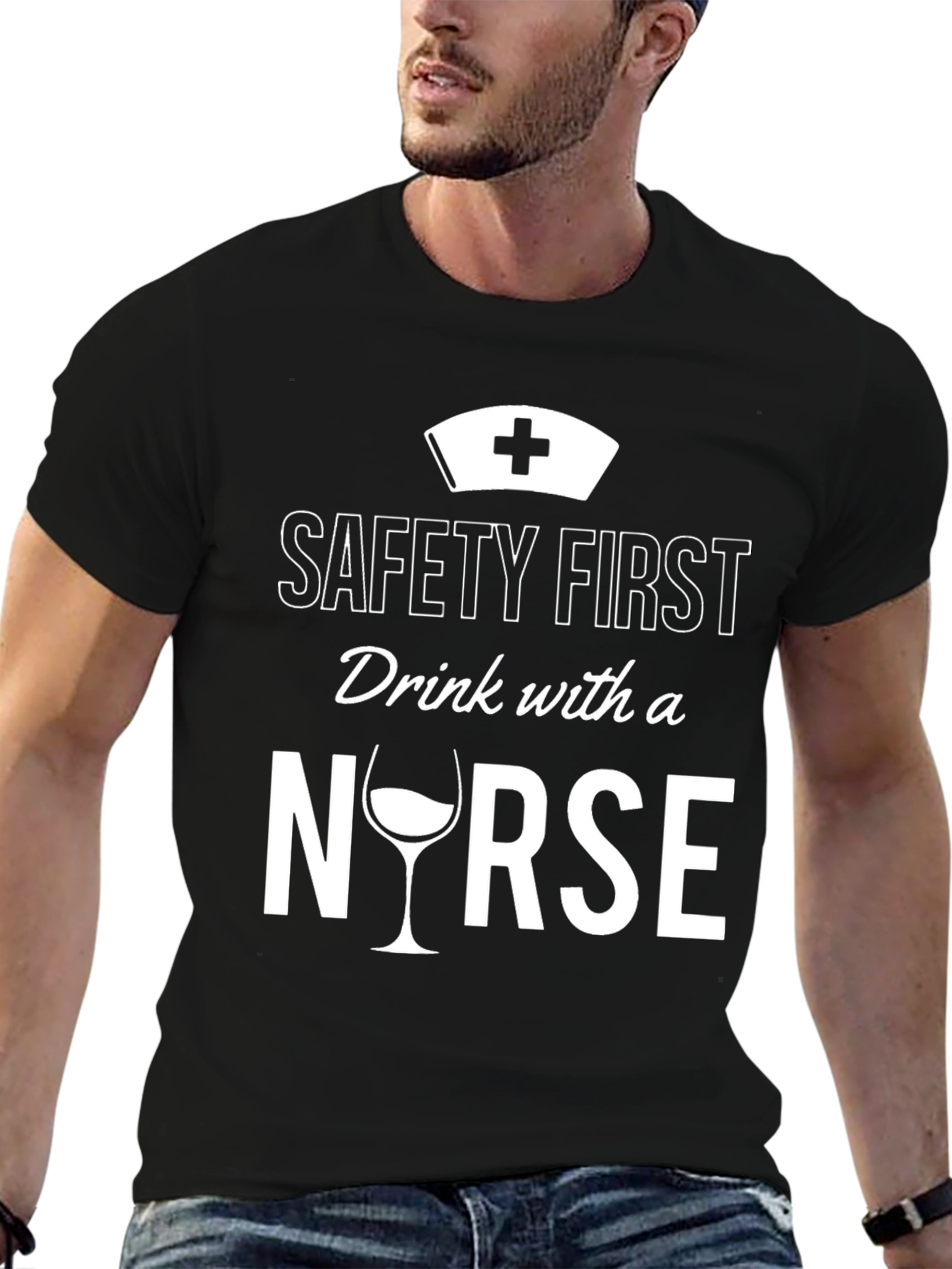 Black Safety First Drink with a Nurse T-Shirt view 6