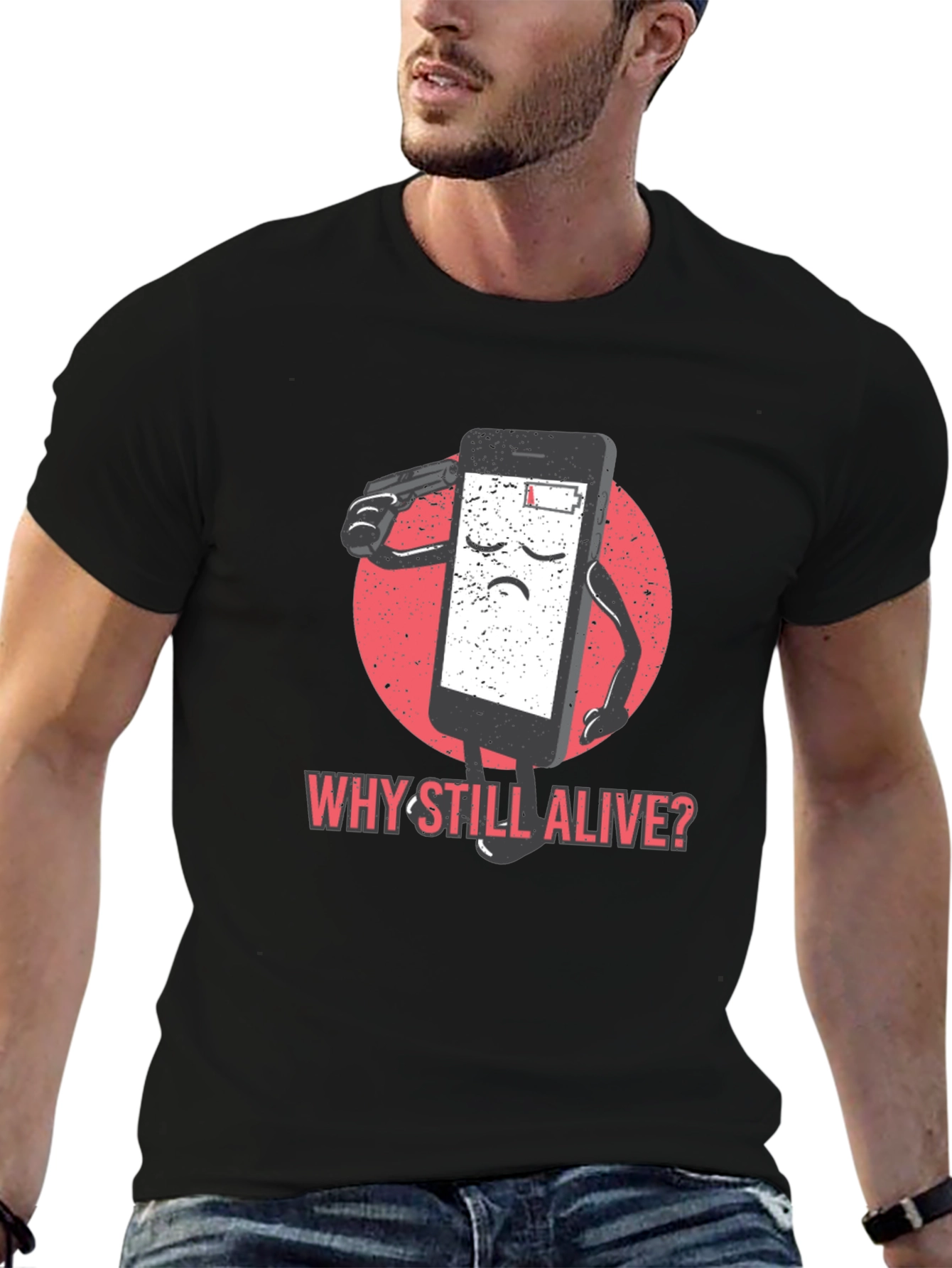 Black Why Still Alive T-Shirt - Funny Phone Battery Tee view 6