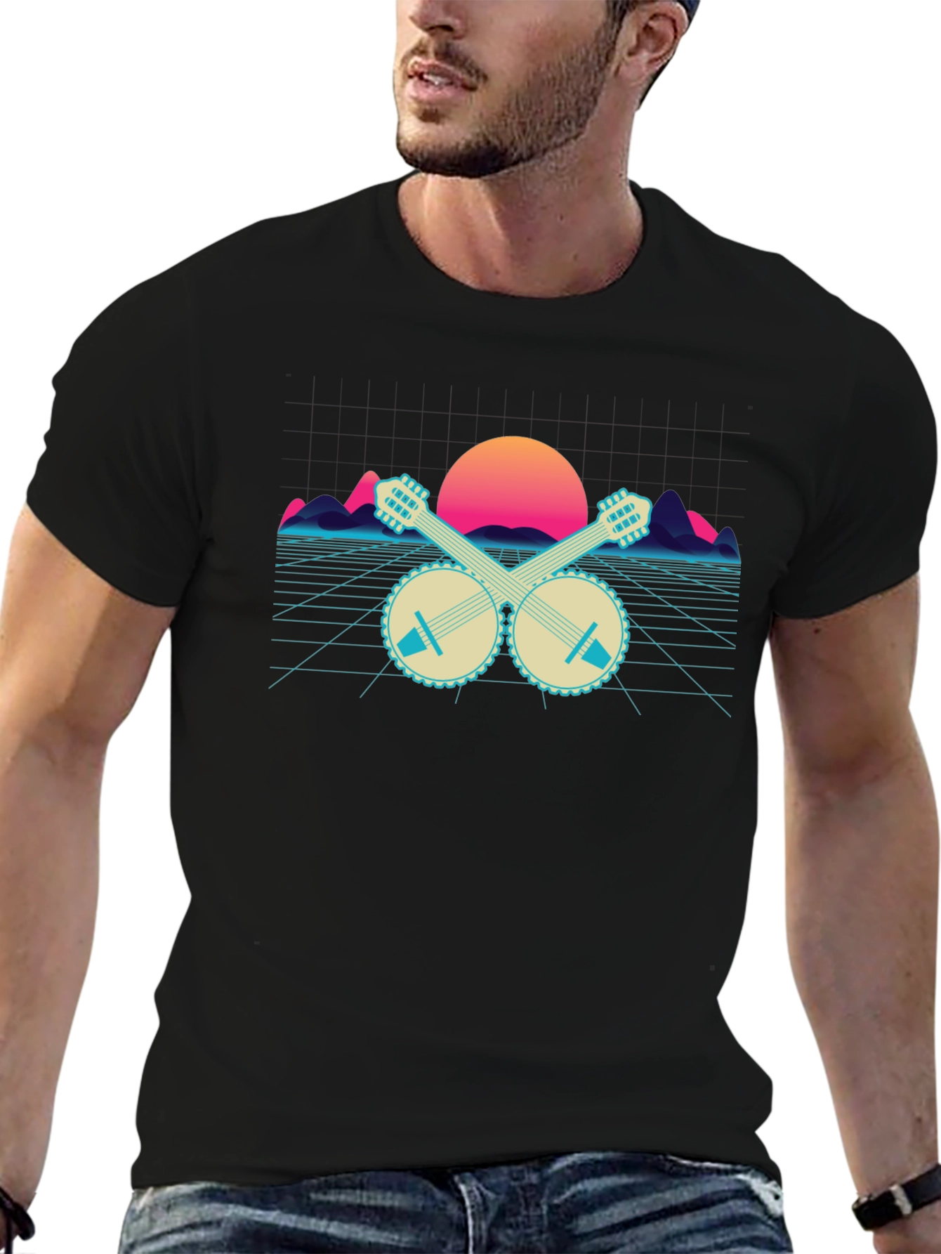 Black Retro Banjo Sunset T-Shirt - Musical Synthwave Tee view 6