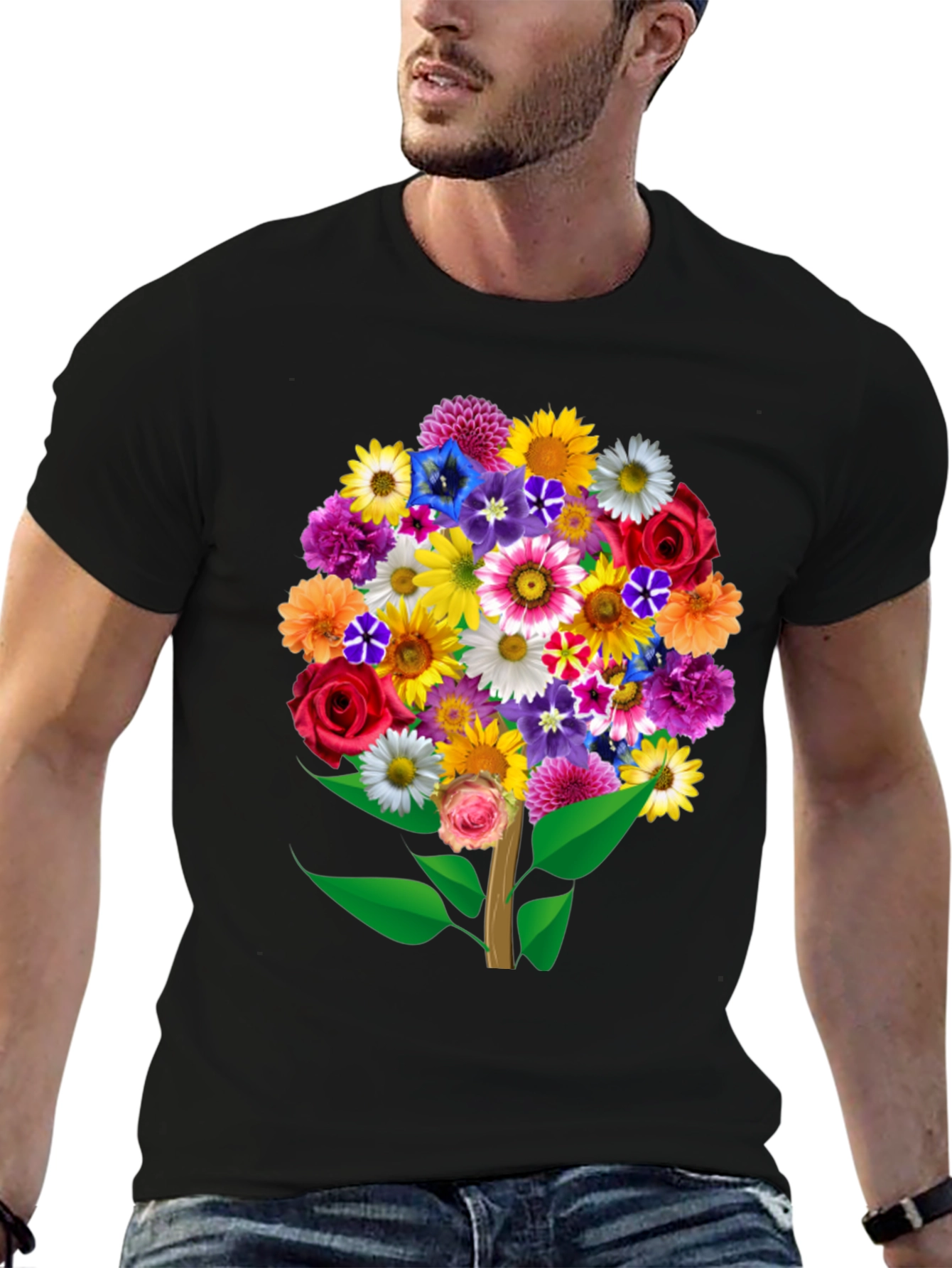 Black Floral Bouquet Tree Graphic Tee - Black Cotton T-Shirt view 6