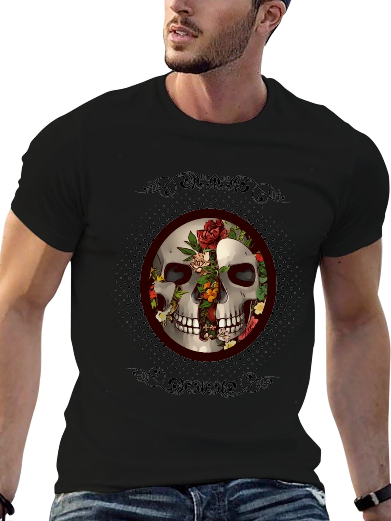 Black Skull & Roses Graphic Tee - Edgy Style view 6