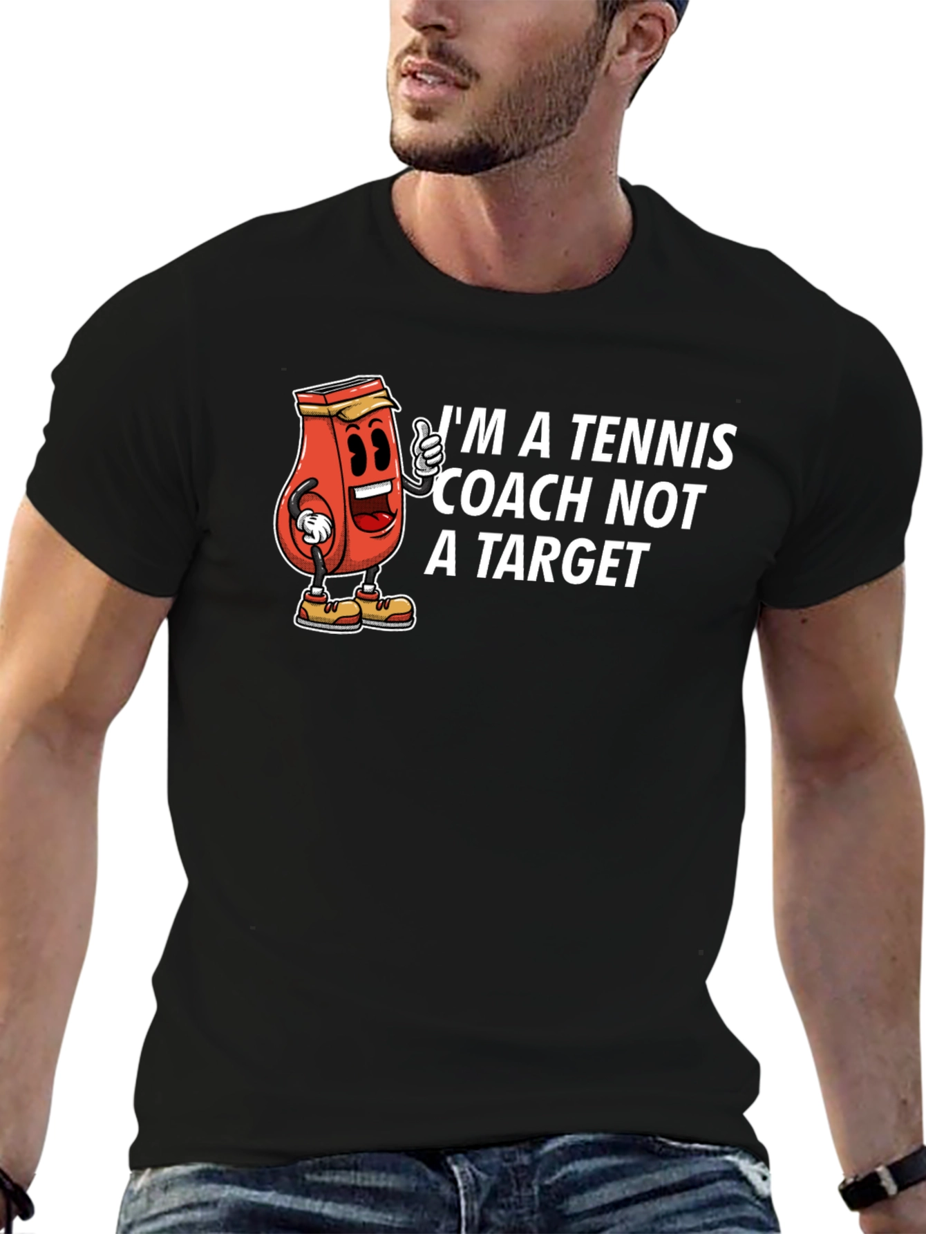 Black Tennis Coach Cartoon Graphic T-Shirt view 6