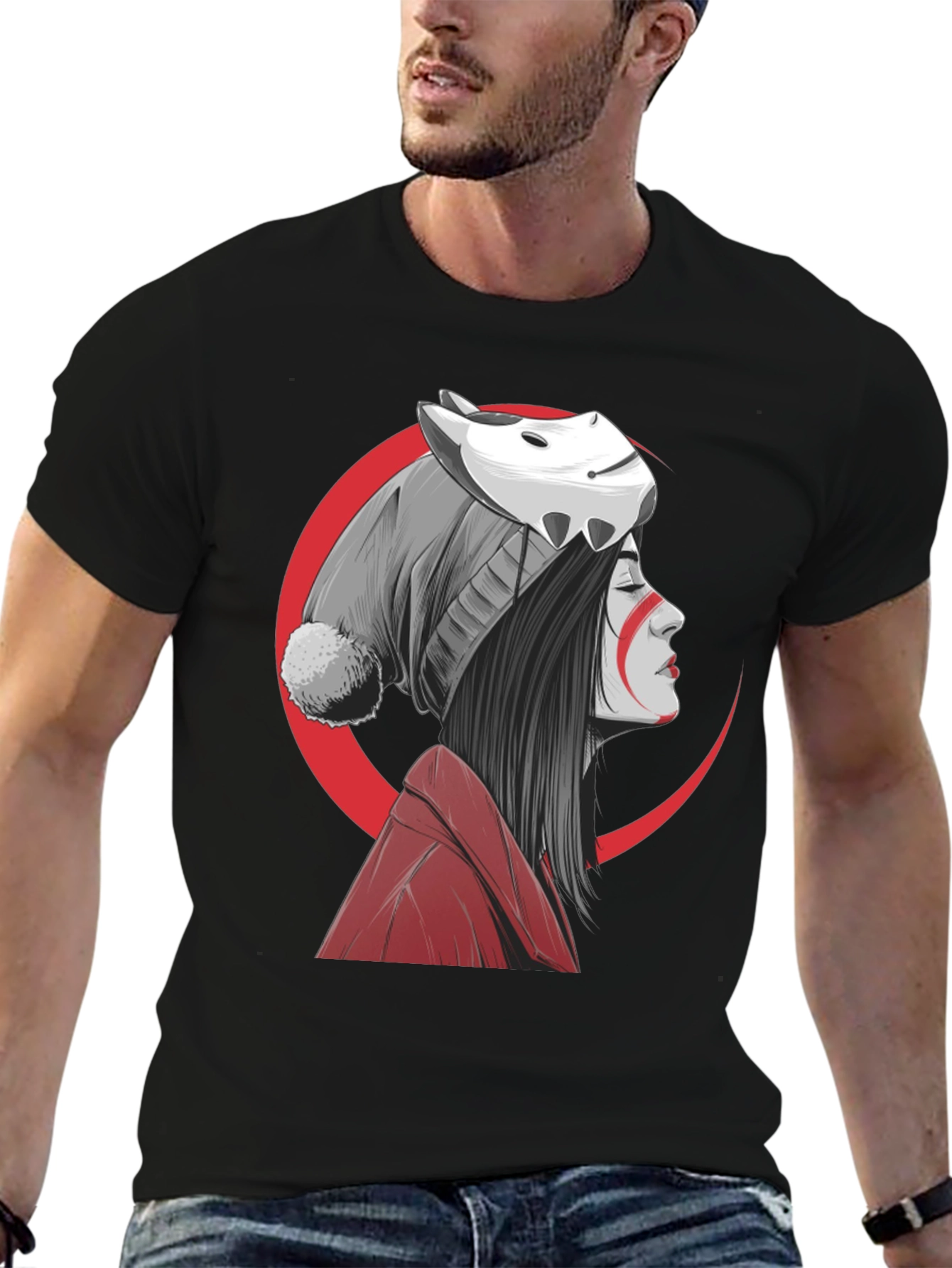 Black Anime Girl Mask Graphic Tee - Soft Cotton Blend Shirt view 6